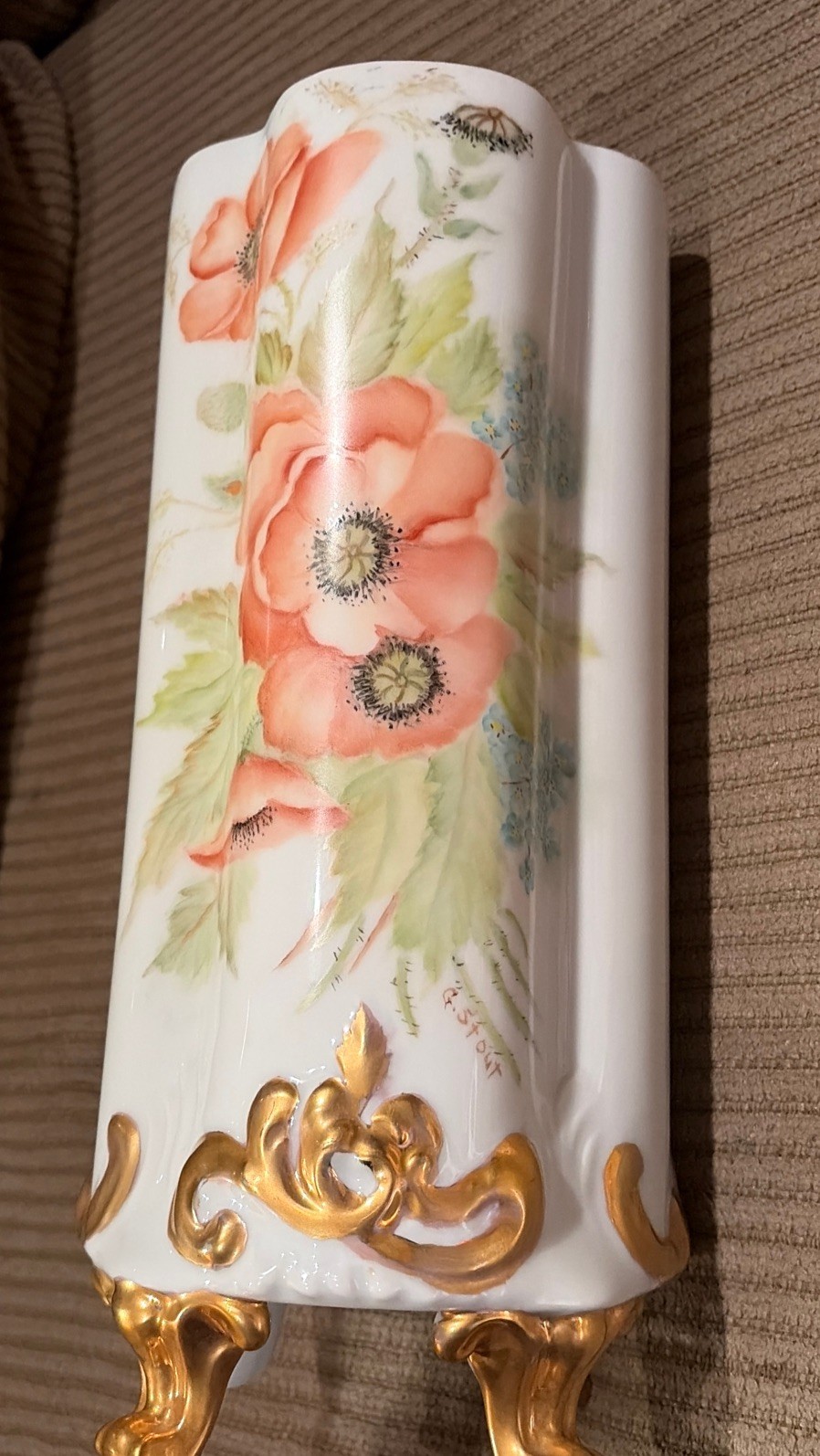 Vintage Handpainted Victorian Style Gold Gilt Trim Large Porcelain Vase