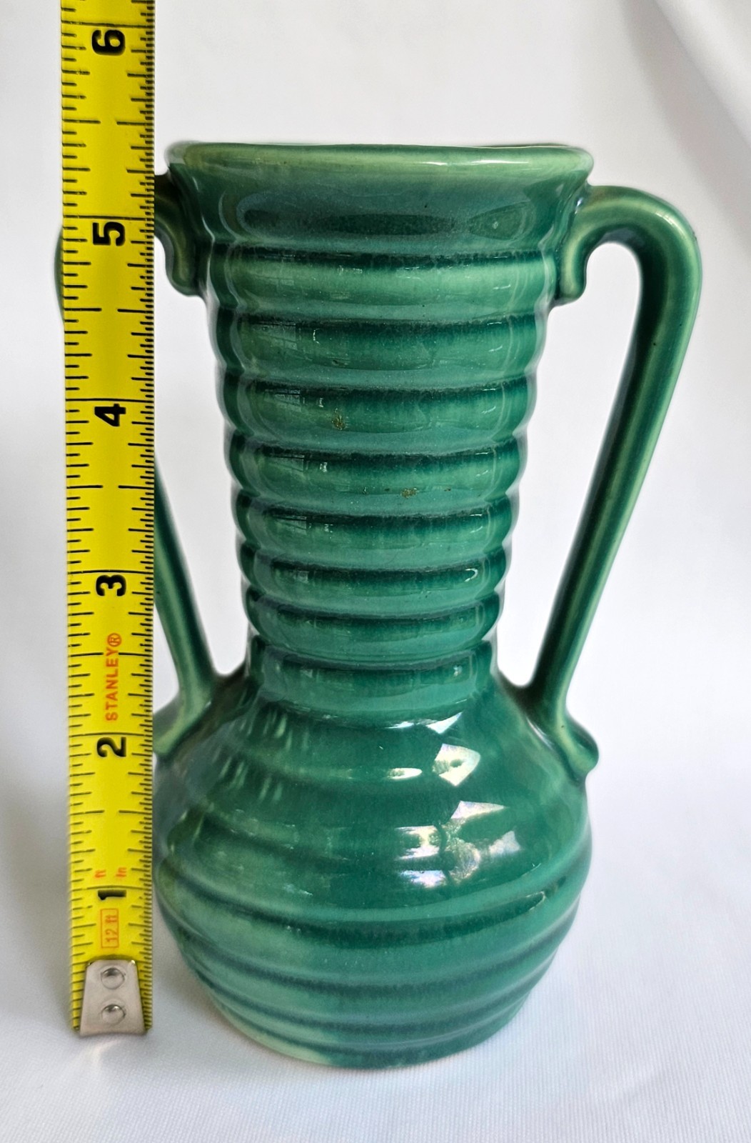 Vintage Shawnee Pottery Ringed Banded Cabinet Vase Green 5 3/8″ Tall EUC