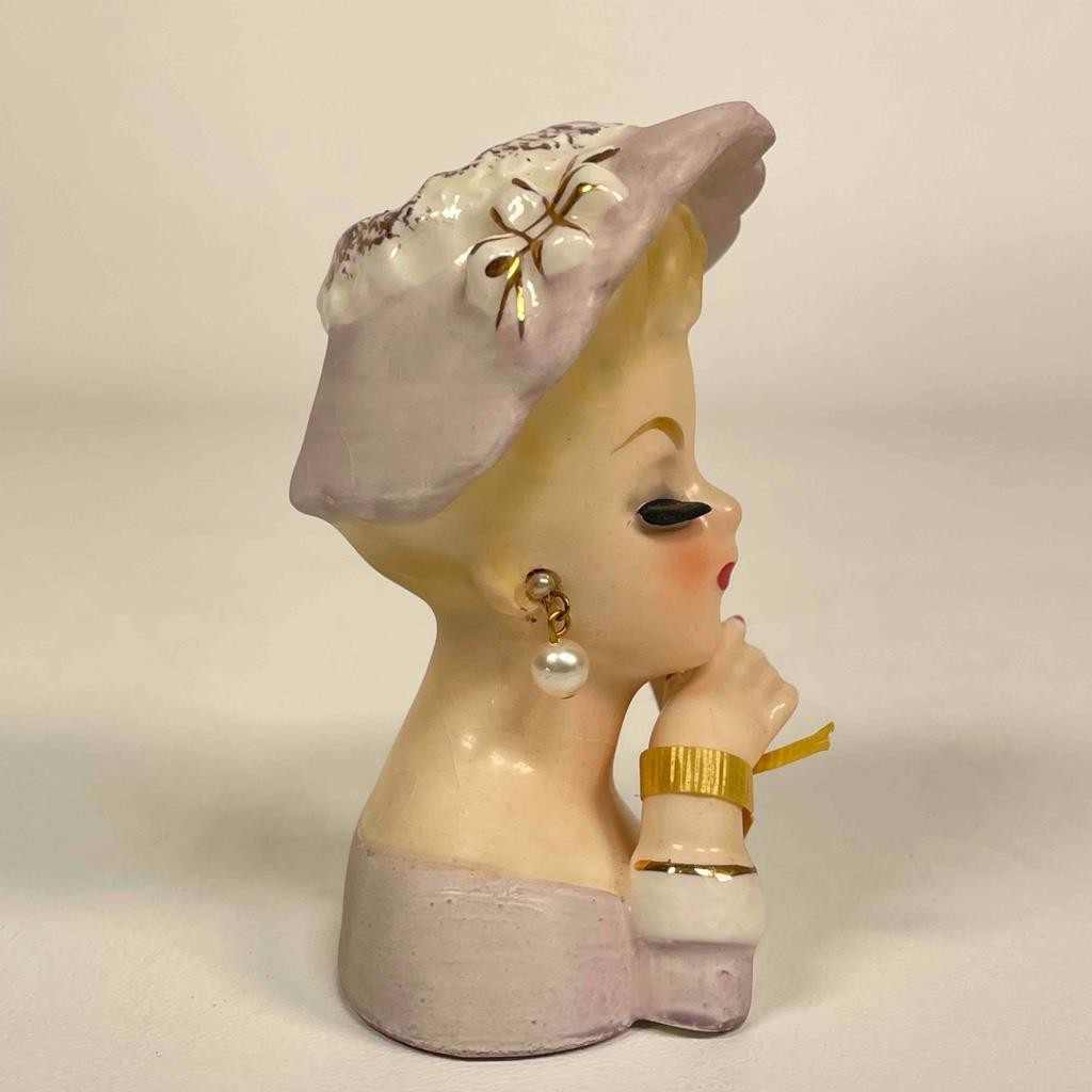Vintage 1963 E-774 Ceramic Inarco MIJ Lady Head Thank You Vase With Earrings – J