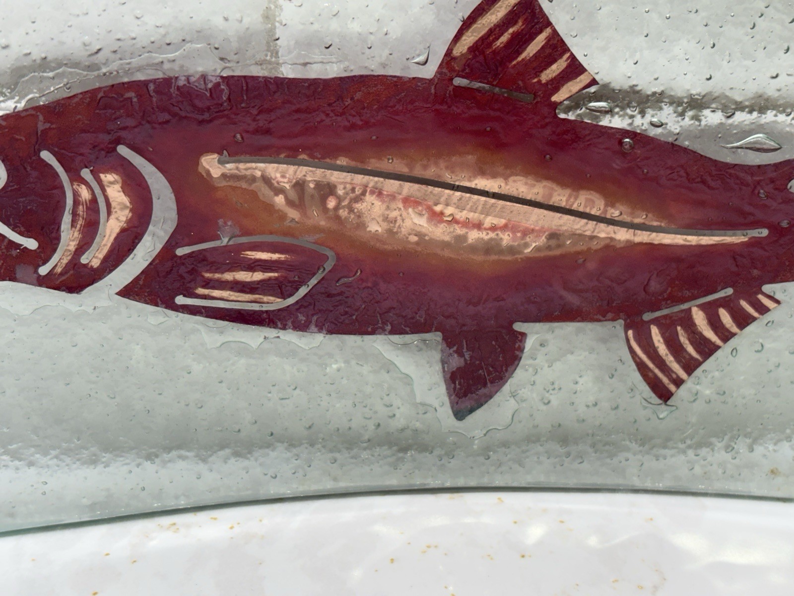 Jones Glassworks Copper Salmon Fish Fused Glass Curved Serving Plate Platter