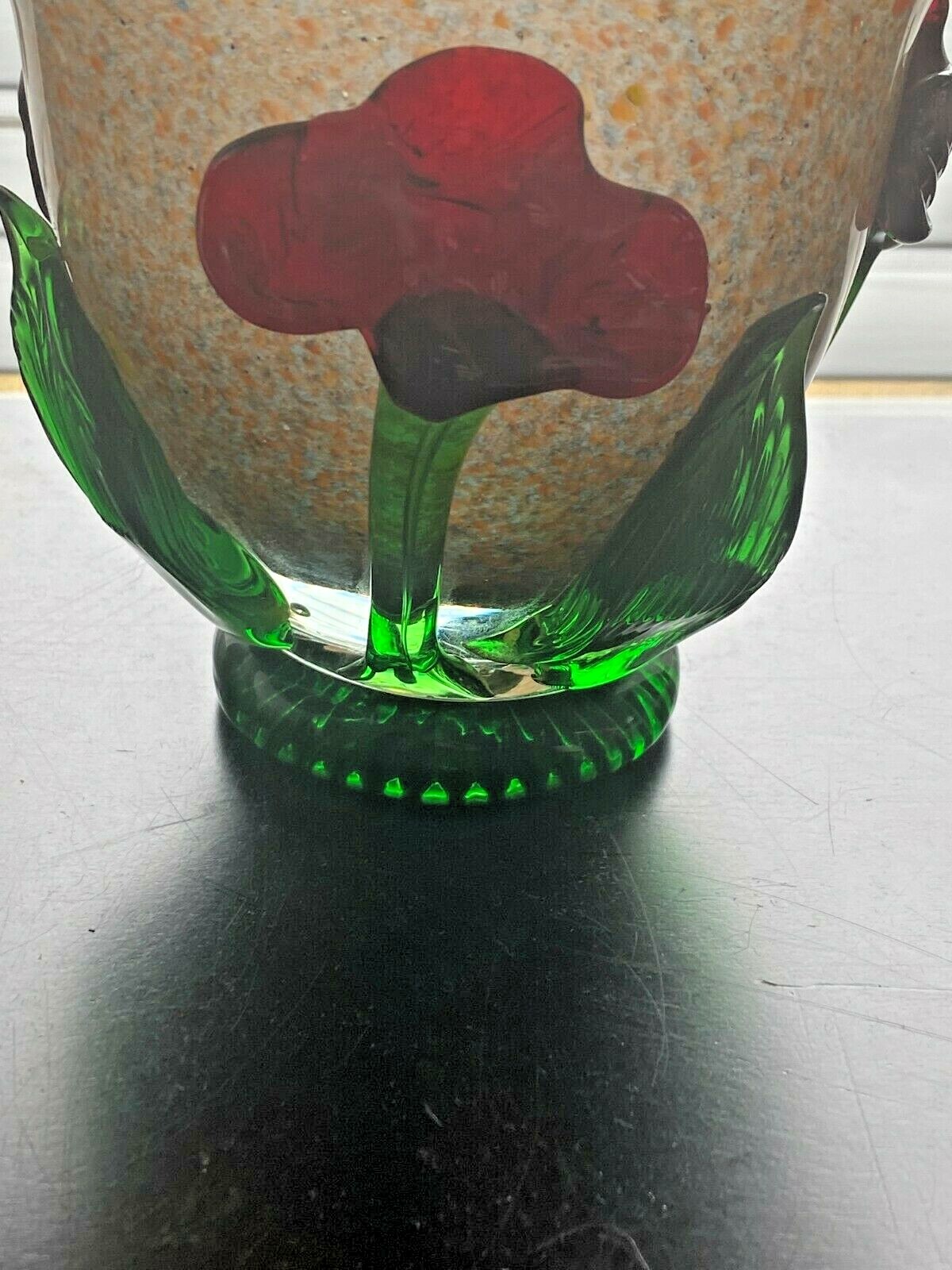 Art Glass Abstract Speckled incased Open Vase Hand Blown with attached Flowers