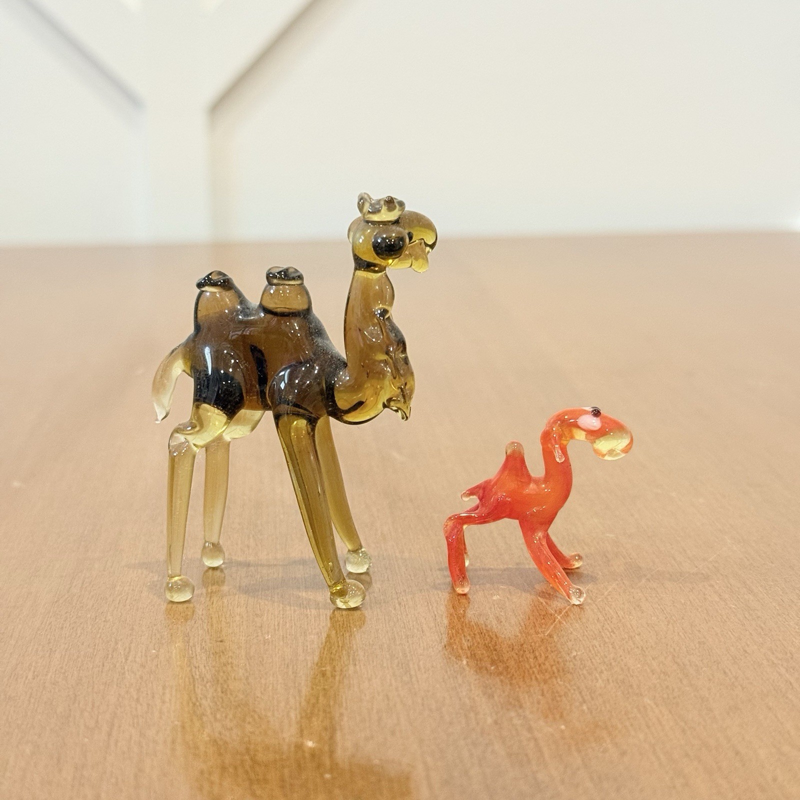 Hand Blown Art Glass Camel Figurine Set Of 2 Brown Orange Mini Trinket Shelf