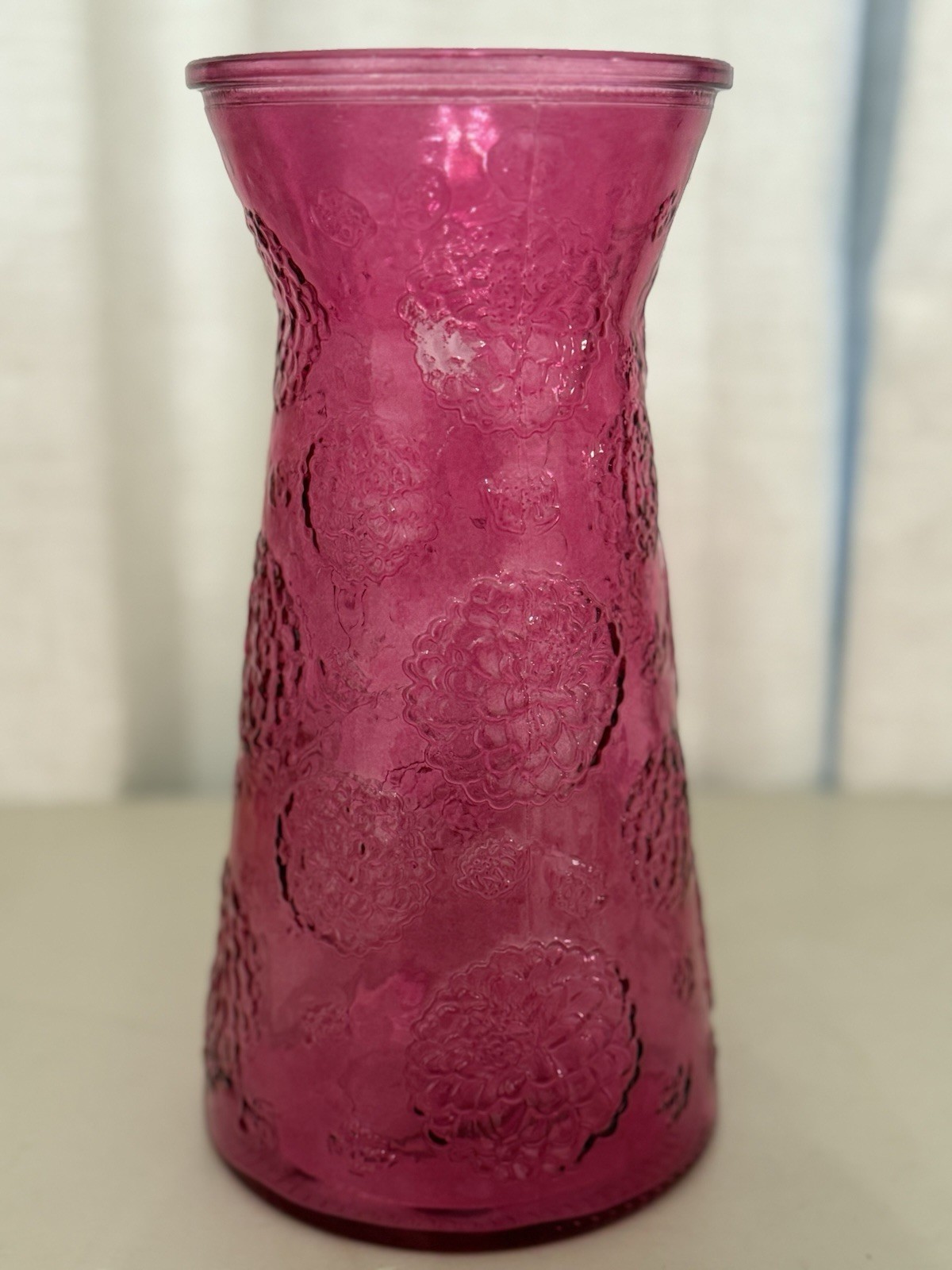 Vintage Indiana Glass Tiara Rose Vase Pink Red 9.75” Acorn Mark Embossed Floral