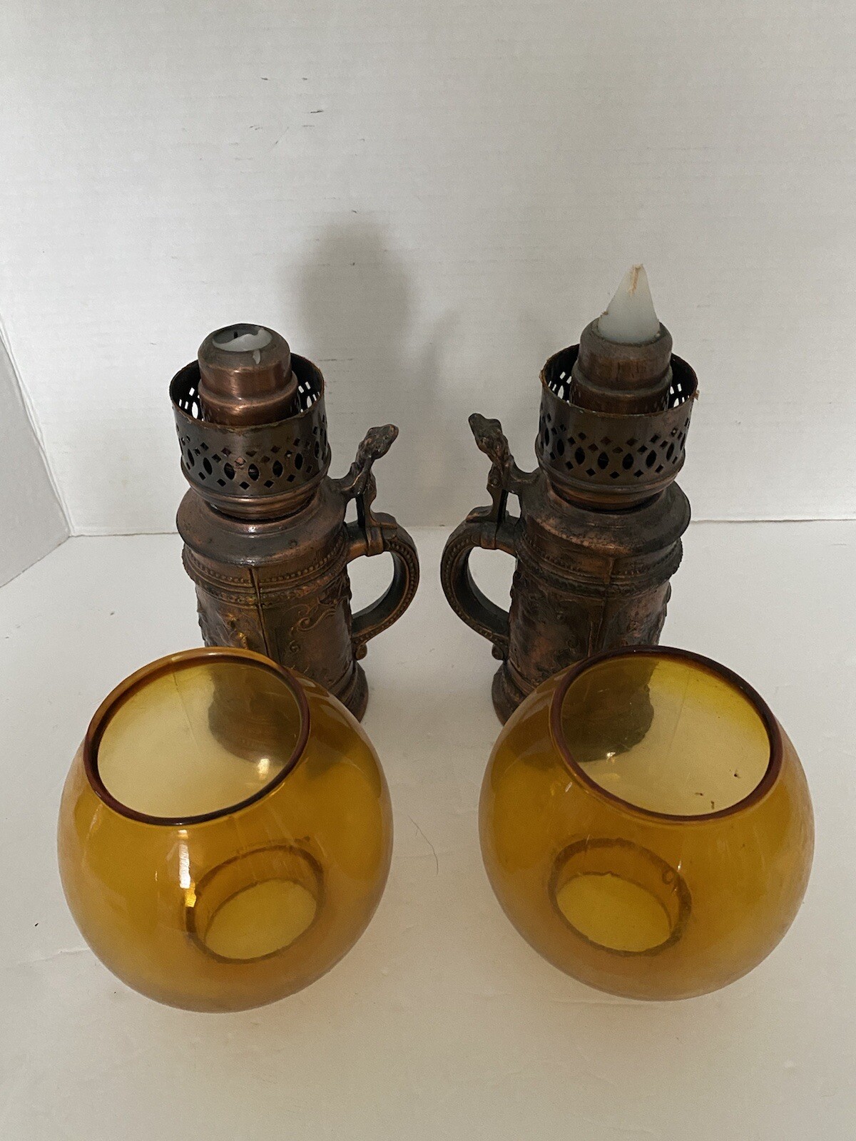 Vintage Amber Glass Candle Stick Holders Pair Copper Rustic Brown RARE