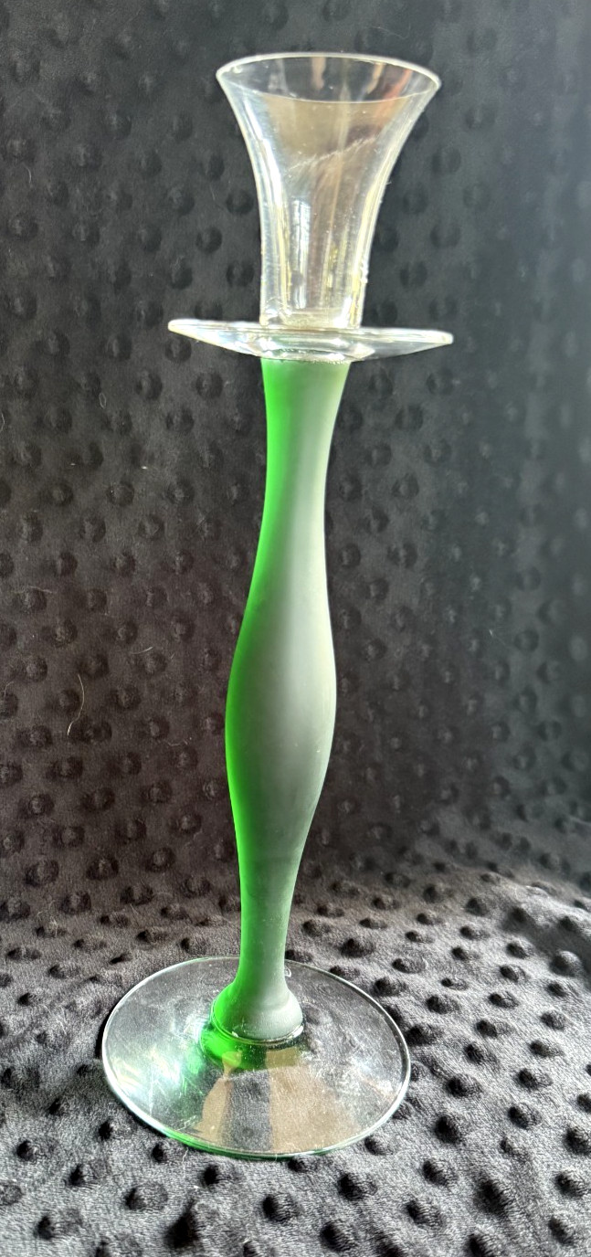 Mid Century Orrefors Celeste Green Froster Glass 11.75″ Candlestick Anne Nilsson