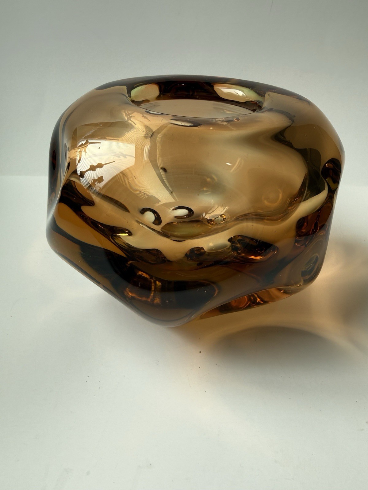 VTG • Jan Beranek Skrdlovice Czech • Art Glass • MCM Dimpled Amber Vase • 4 1/4”