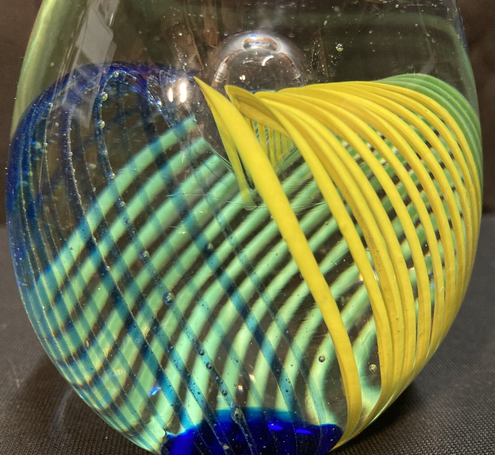Hand Blown Glass Green Blue Yellow Striped Teardrop Paperweight 5.25”
