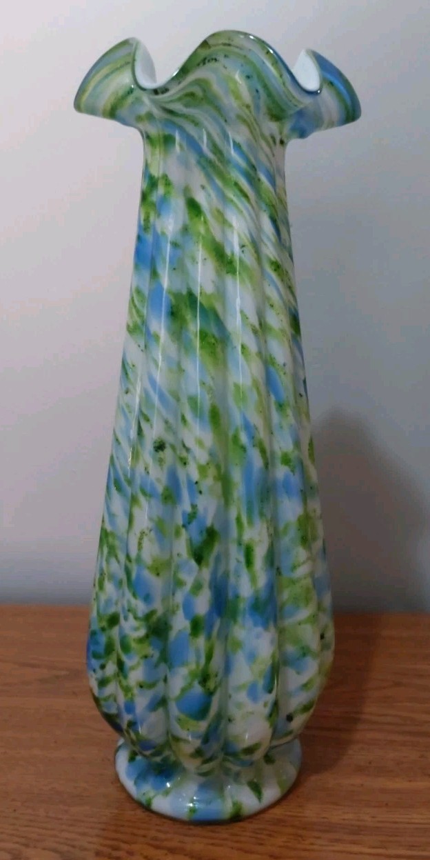 VTG FENTON VASA MURRHINA GLASS 14″ TALL VASE BLUE GREEN ADVENTURINE MINT!