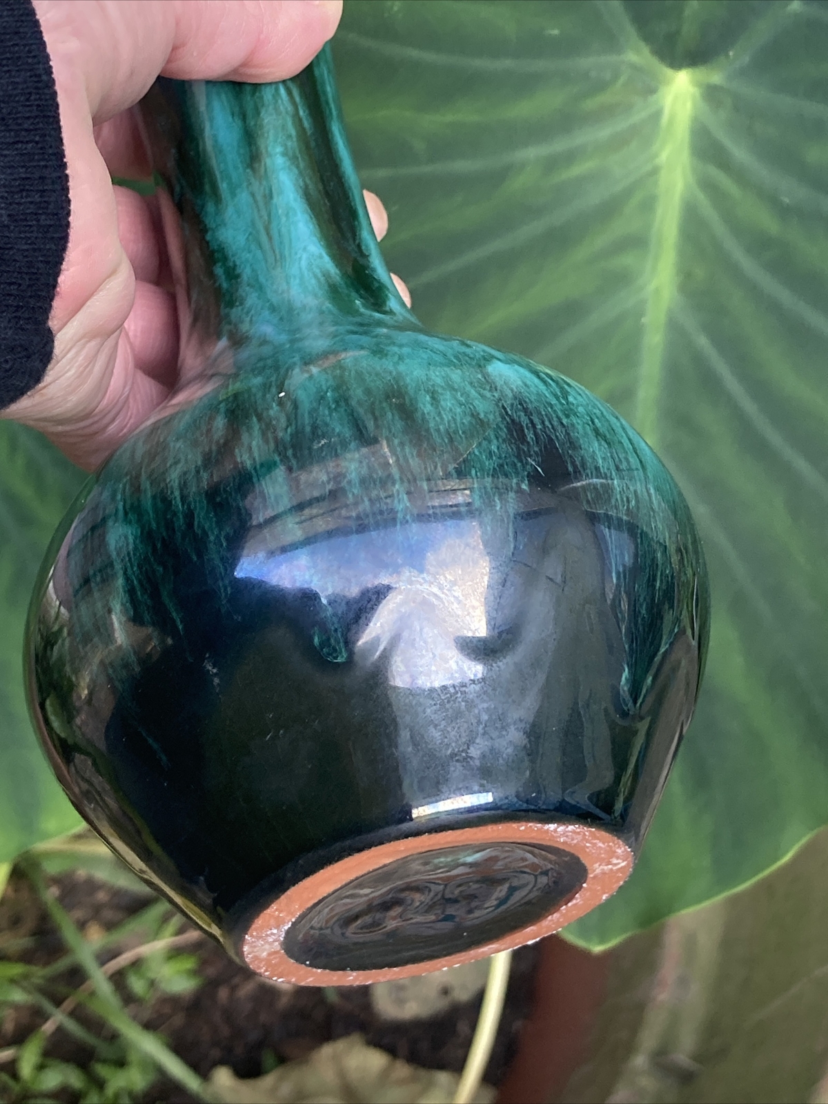 Blue Mountain Pottery Redware Vase in Rich Blue-Green Liquid Drip Glaze
