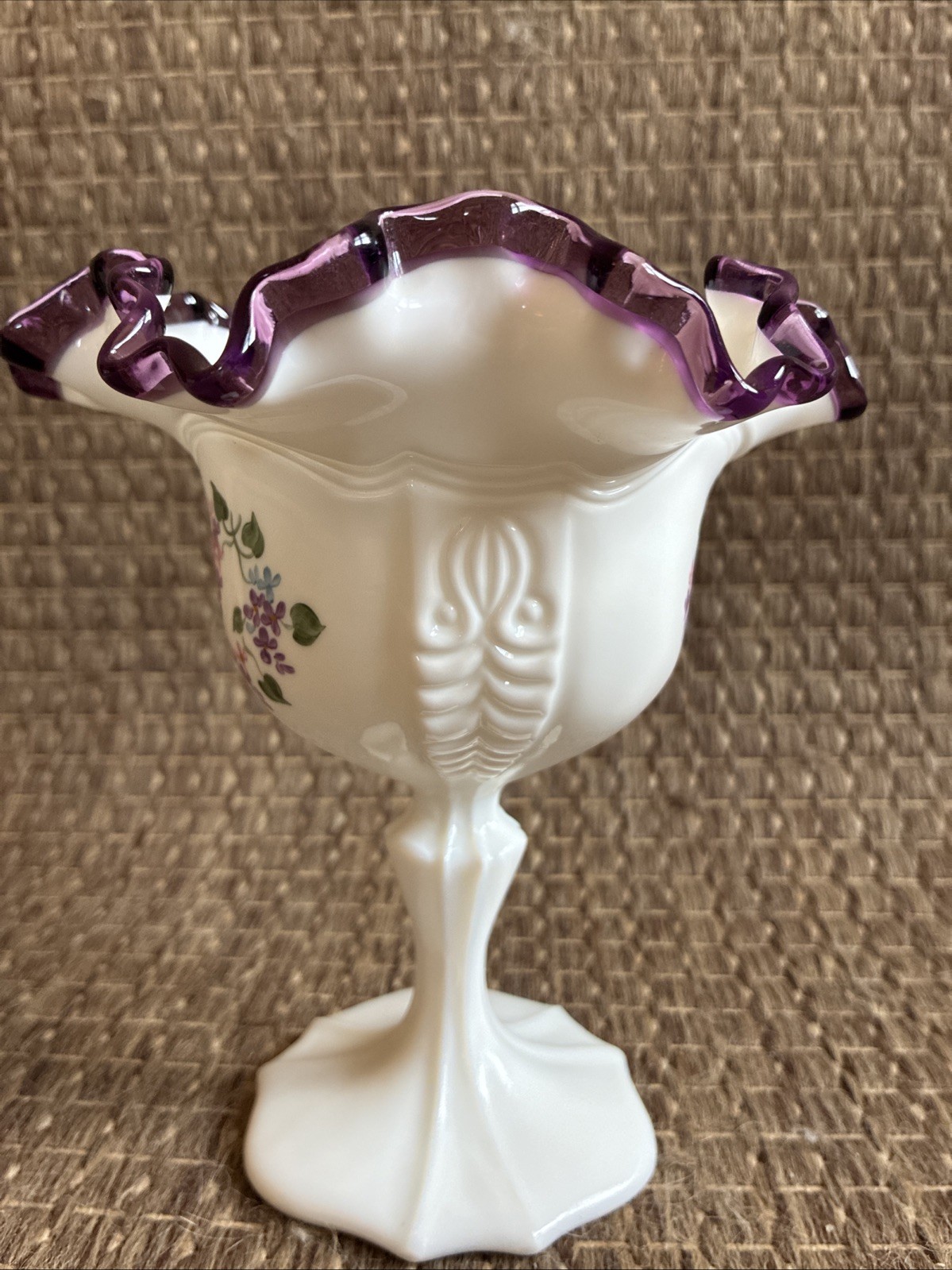 Fenton Art Glass Signed Amethyst Purple Crest Violets in Snow Footed 6” Compote