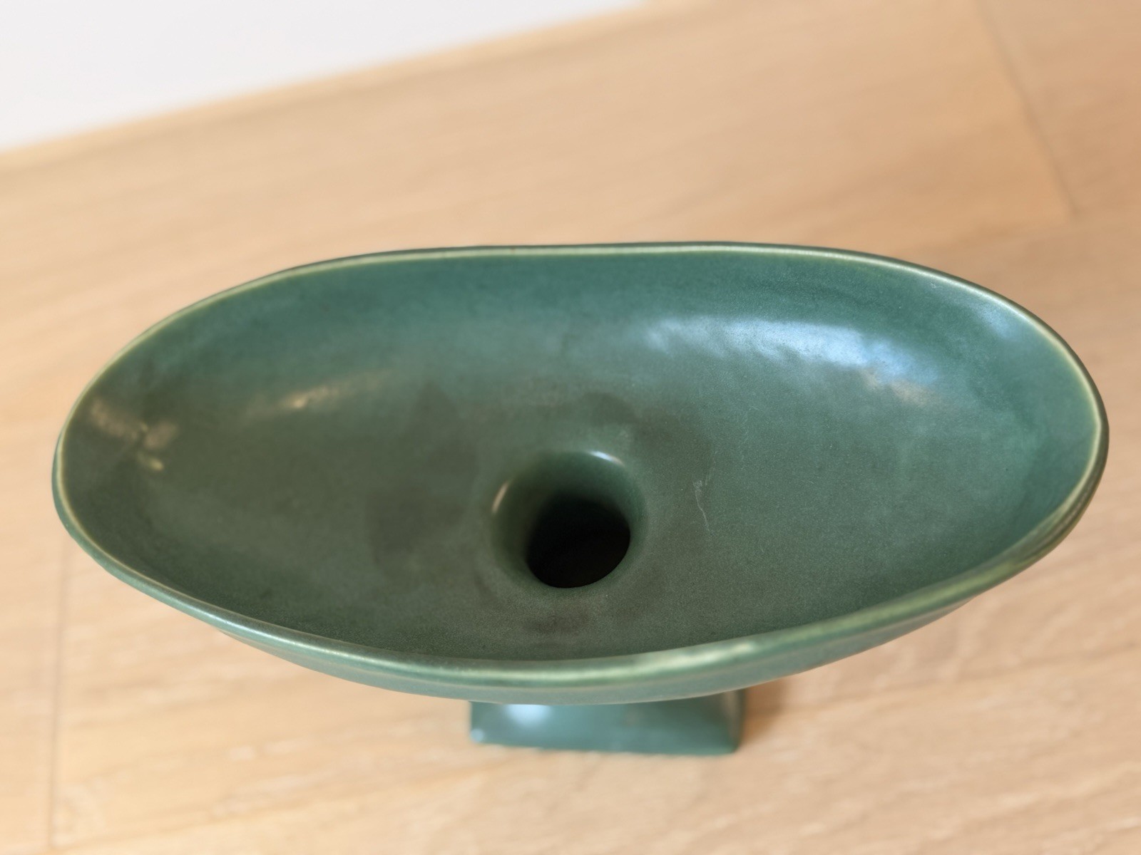 Vintage Mccoy Pottery Green Matte Glaze Oval Pedestal Square Foot Vase, 10 1/4″