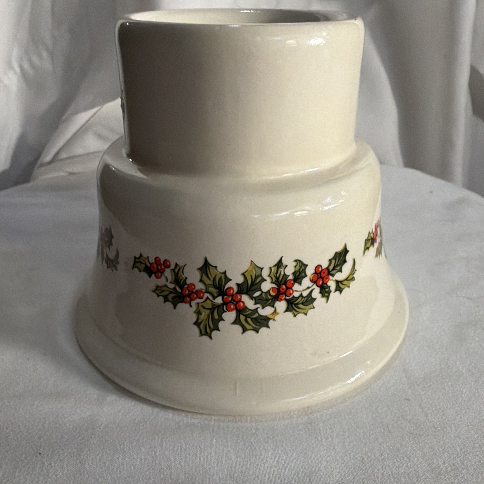 White Glossy Ceramic Candle Holder Holly Pattern Christmas Green Red base only