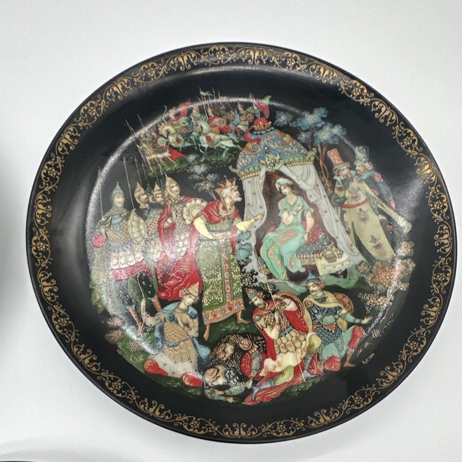 Palekh Numbered Set of 5 Russian Fairy Tale Collector Plates Black/Gold Trim