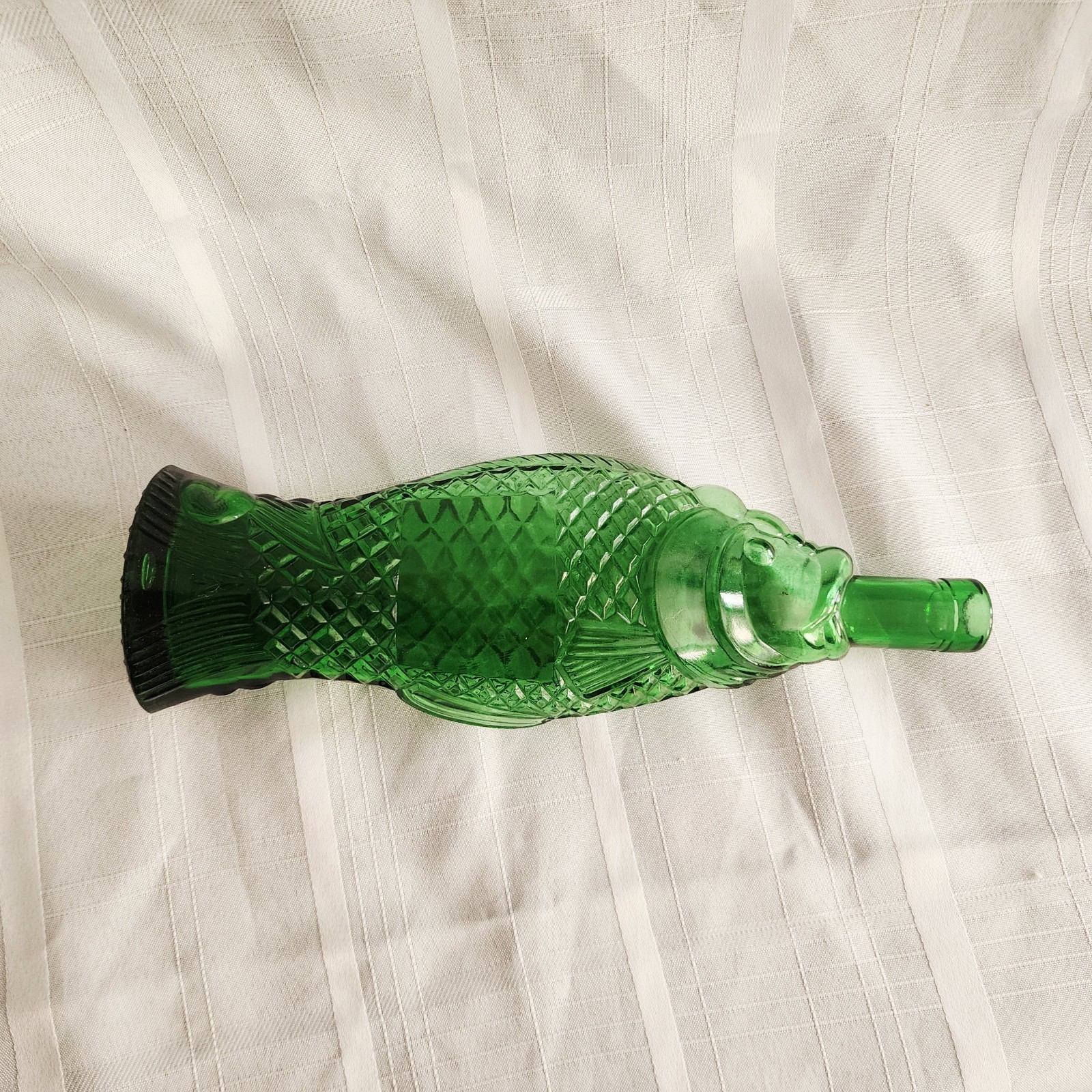 Vintage Green Glass Fish Shaped Wine Bottle Decanter Scales 13″ T F Mark