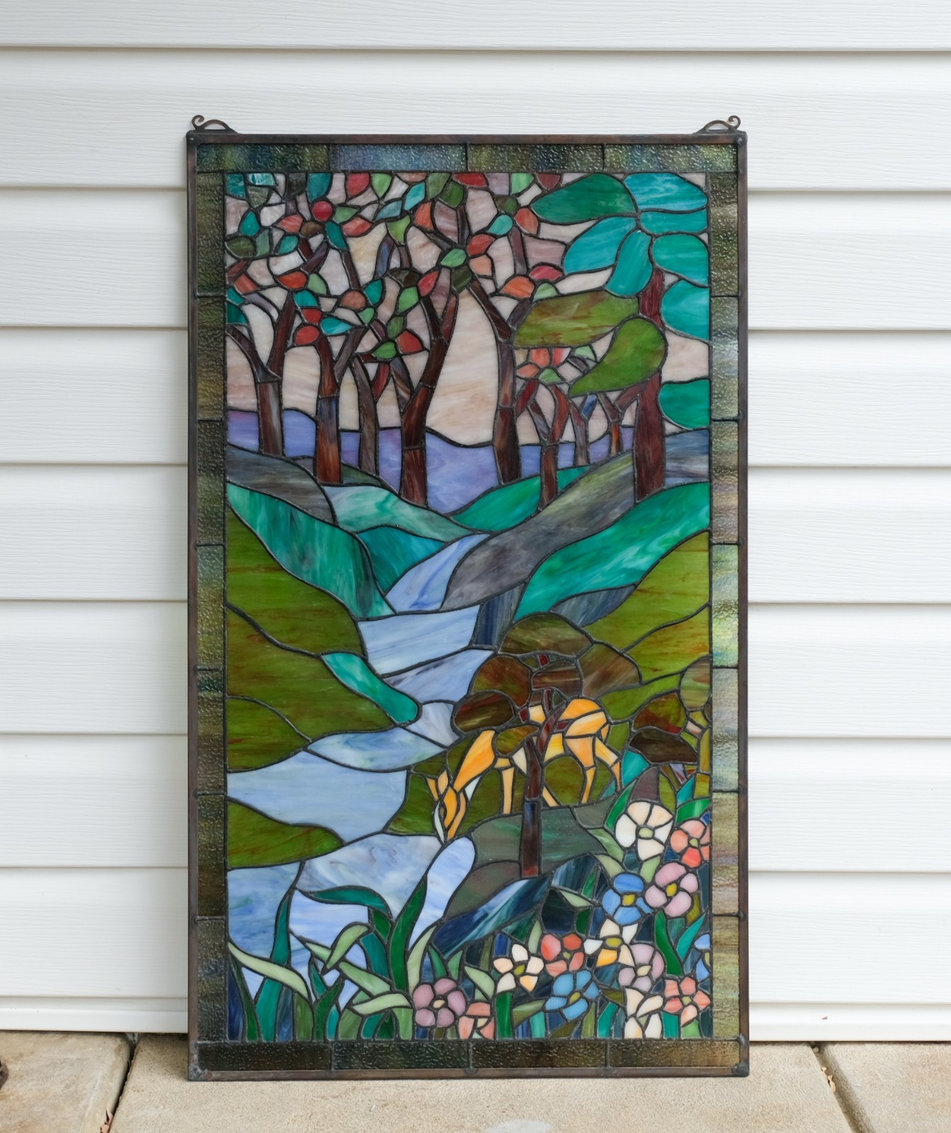 Tiffany Style Stained Glass Window Panel deer drinking water, 20″ x 33.75″ HF446