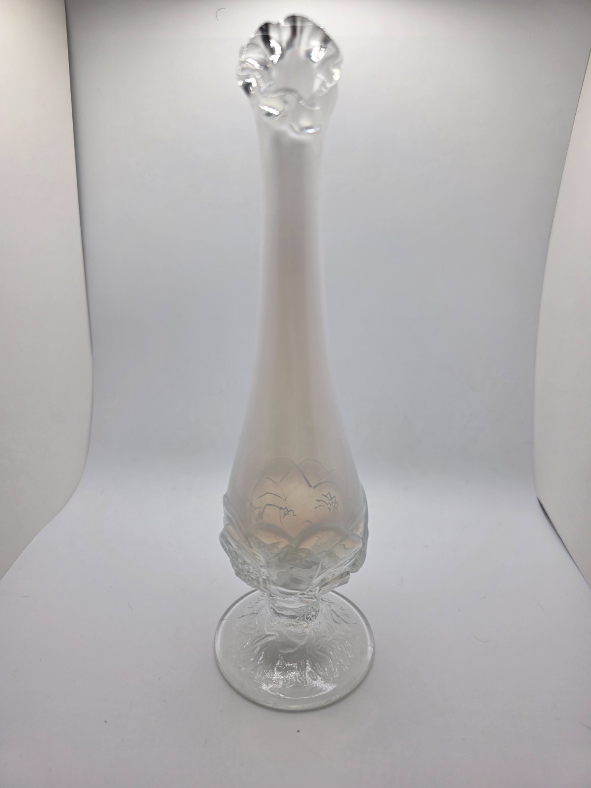 Vintage Fenton Crystal Mist Strawberry Swung Bud Vase 9.5″ Frosted Satin Glass