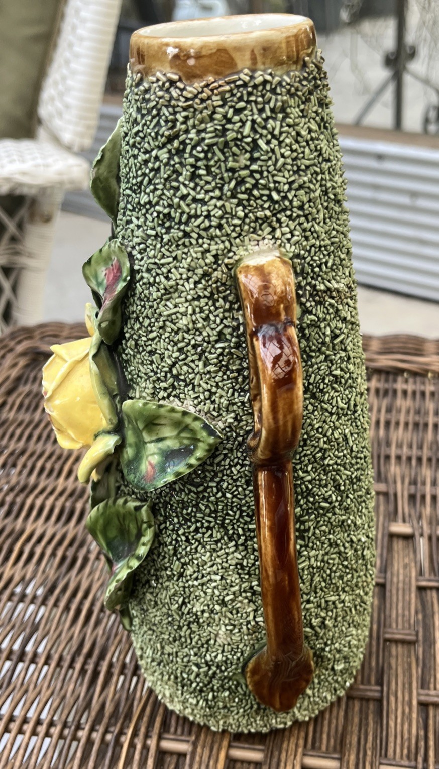 Antique Majolica Vase Sand Technique Green With Yellow Flowers made in Poland