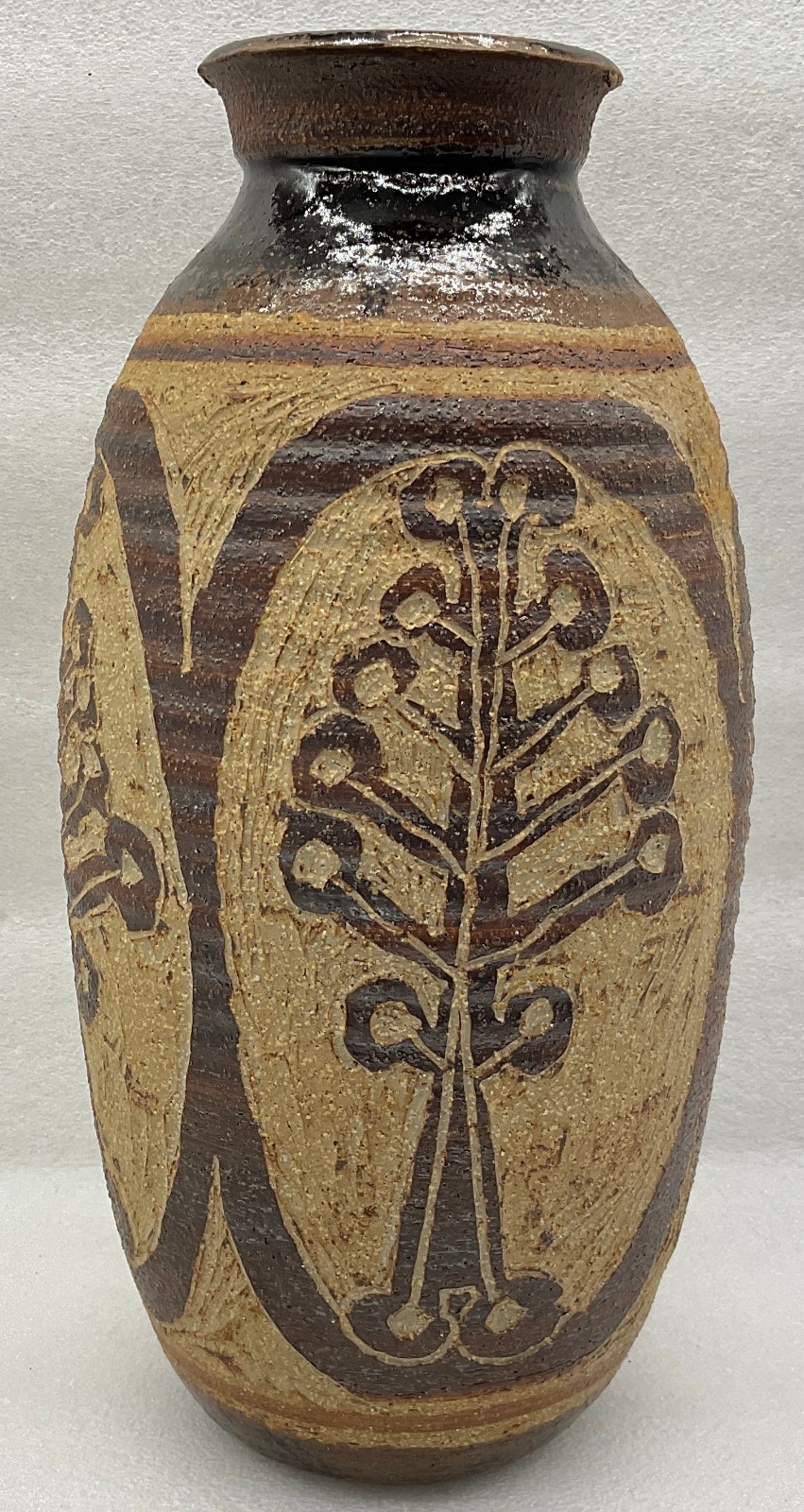 Vintage Art Pottery Brown Textured Vase Signed Christine 10-1/4″ H