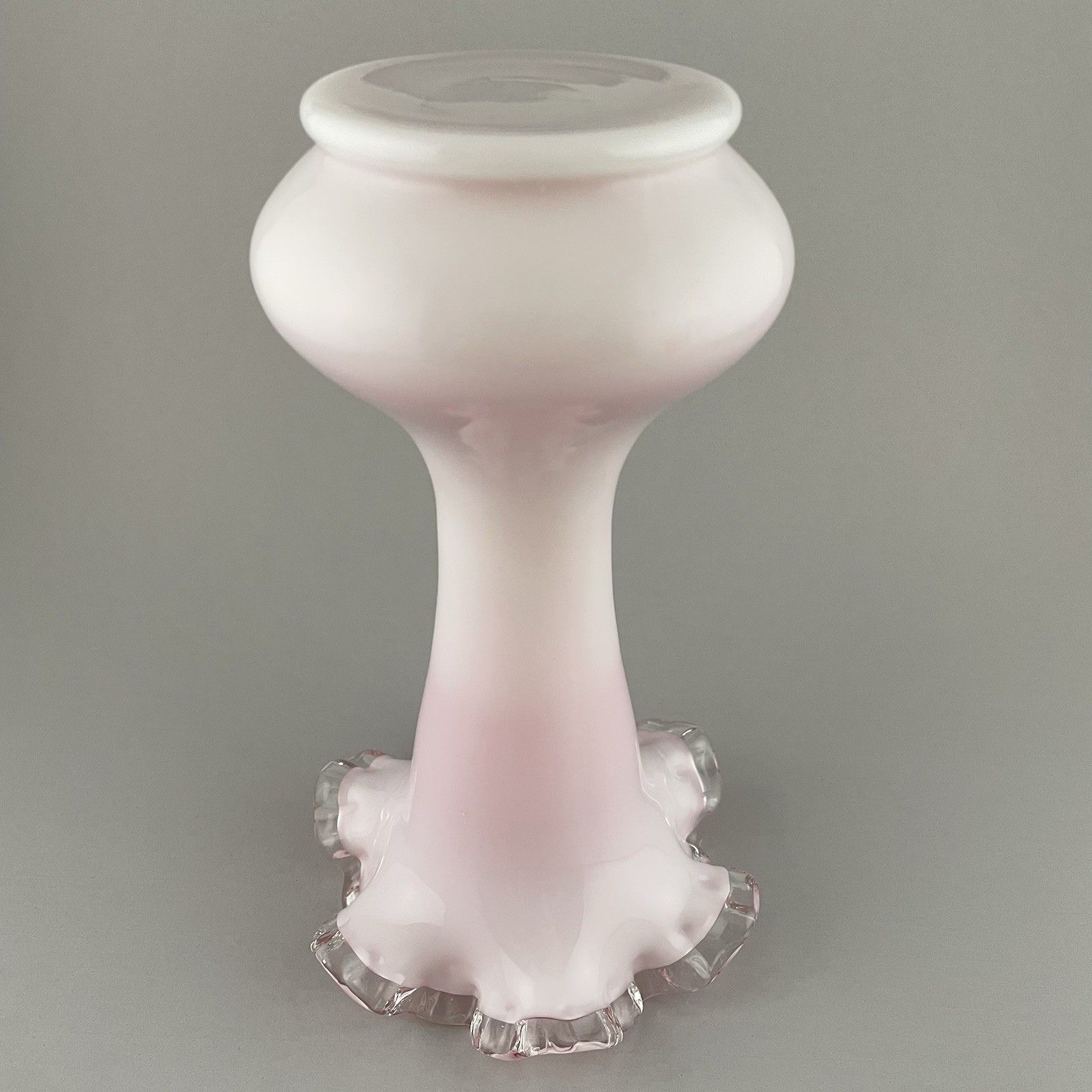Vintage Fenton Peach Crest Vase Double Crimped Ruffled White Pink Cased Glass