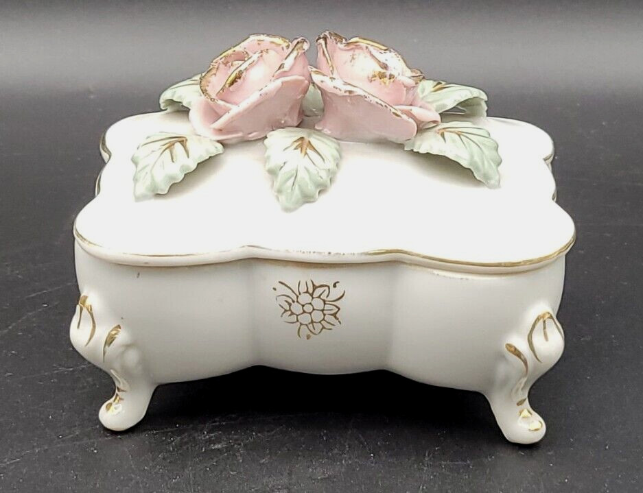 L & M Bond Ware Footed Covered Trinket Box Porcelain/glass box Rose Decor