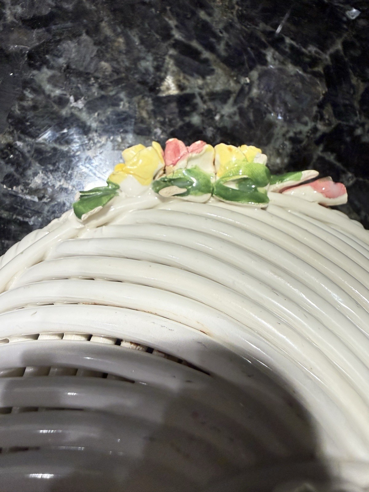 Vintage Hand Painted Italy Ceramic Lattice Basket Bowl Applied Roses Floral