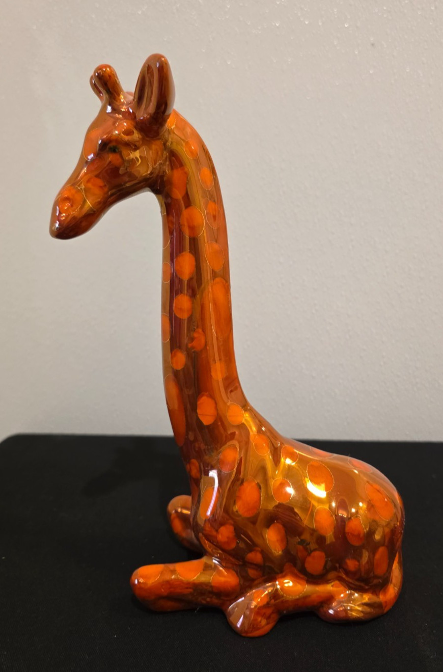 Vintage MCM Ceramic Giraffe Figurines Pair Orange Polka Dot Spots Glossy 15″ 11″