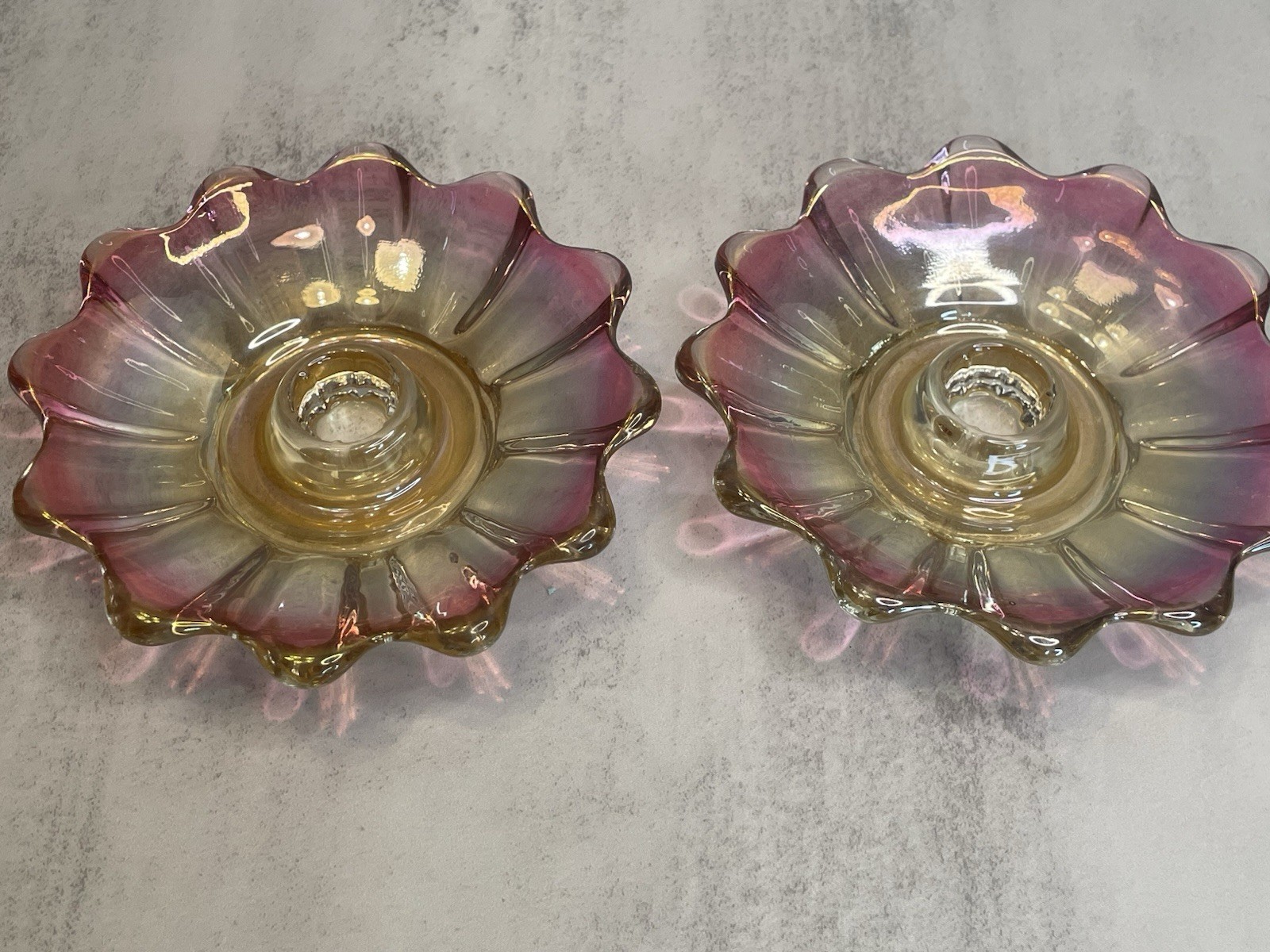 Vtg Set of 2 Federal Glass Iridescent Colors Glass Candlestick Holders Vintage