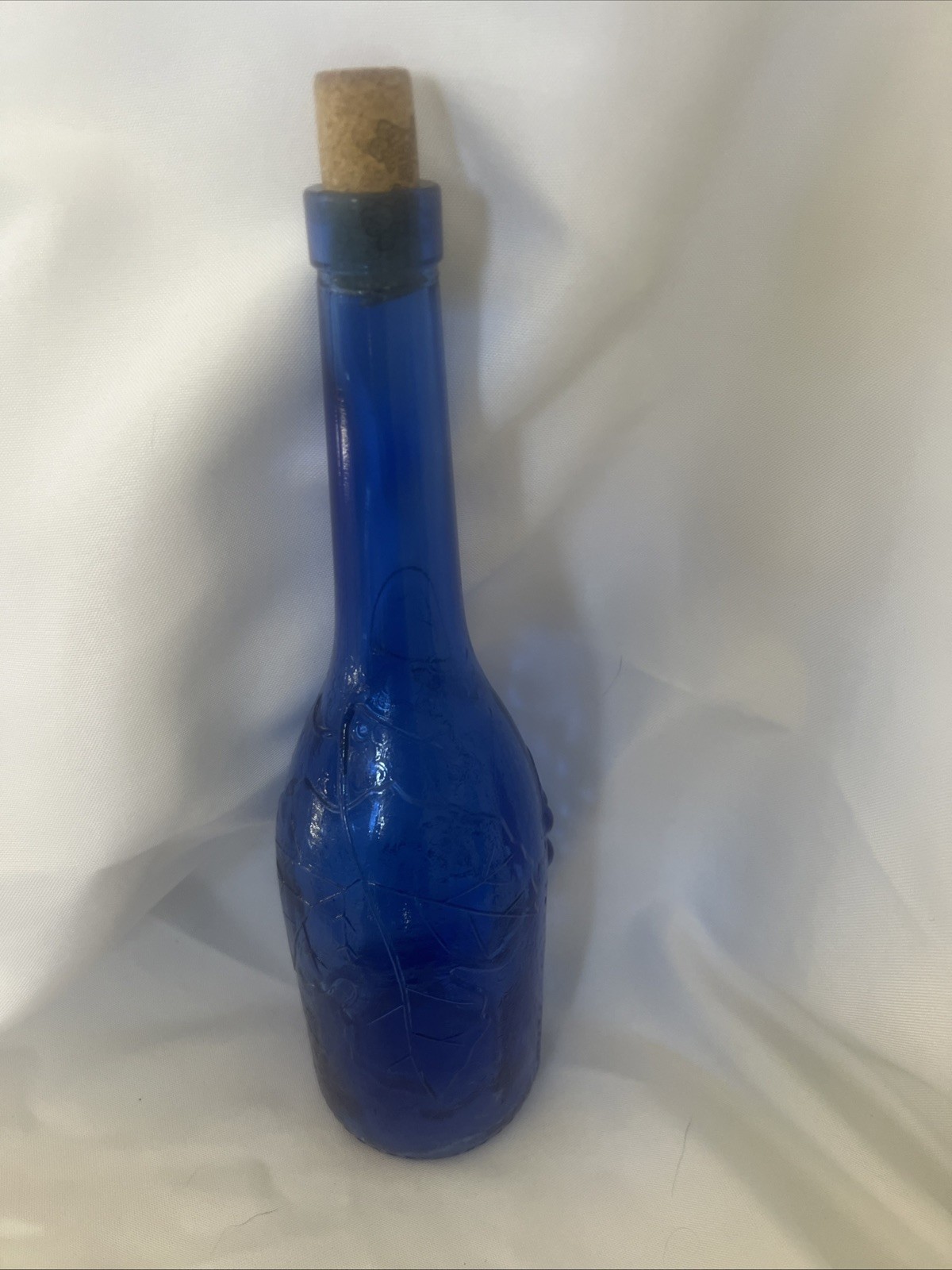 Cobalt Blue Embossed Glass Bottle, Grapes & Vine, Vintage Style Decor w/ Cork