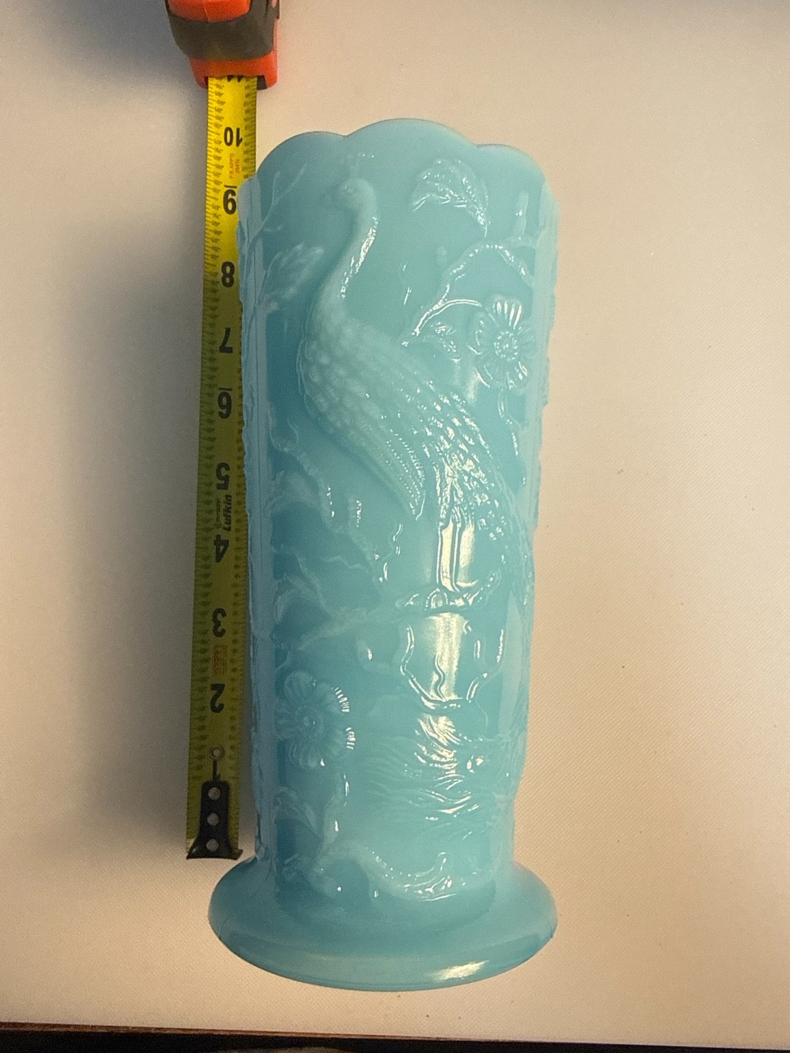 Fenton Blue Satin Milk Glass Peacock Floral Embossed Vase Celery Vase 9.5” Vinta