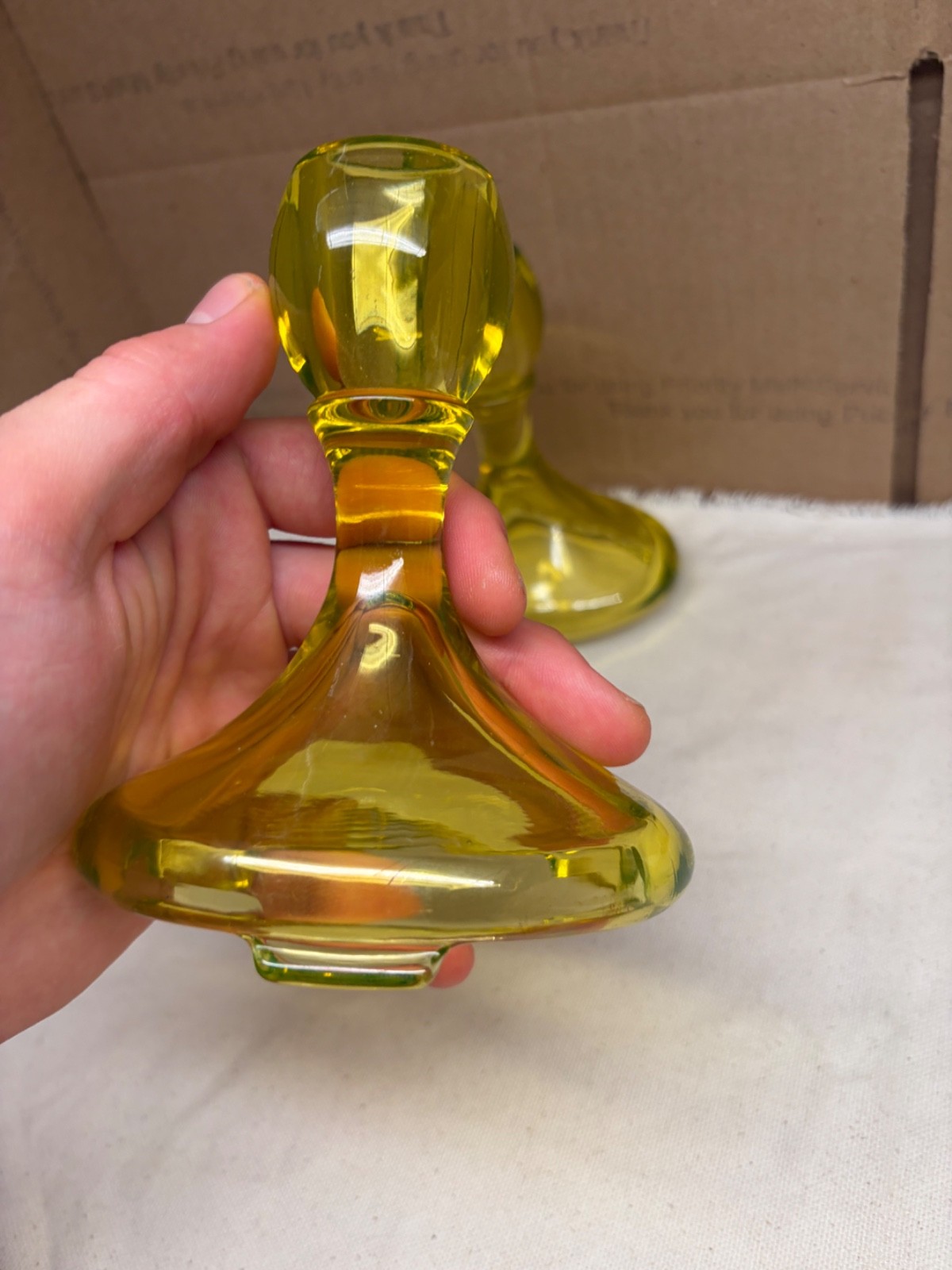 Vintage Fostoria candlestick pair URANIUM GLASS canary yellow vaseline