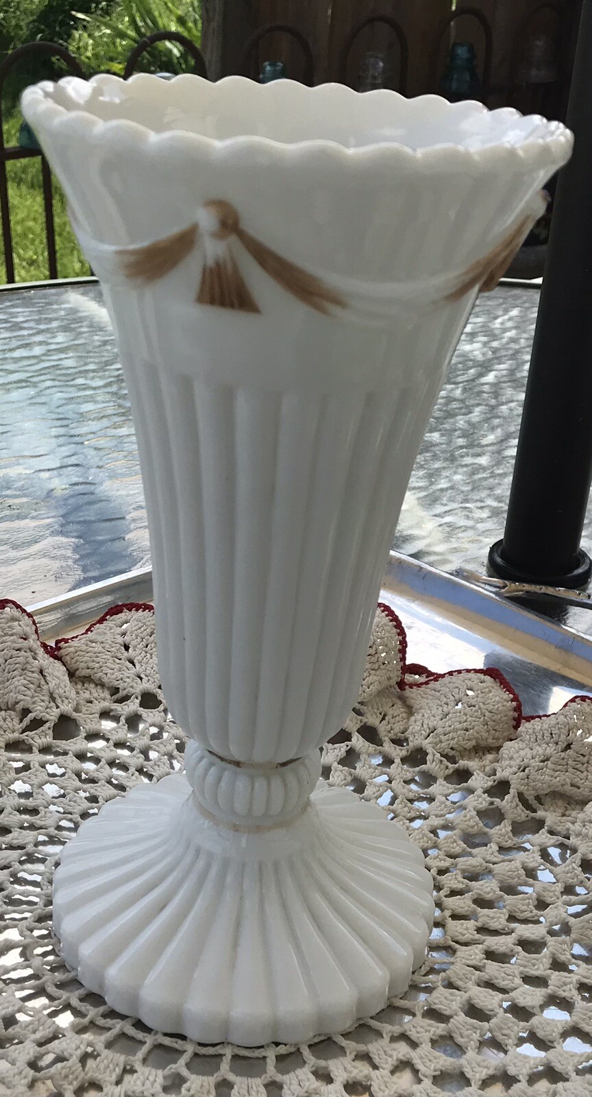 Vintage Westmoreland Milk Glass Drape & Tassel Fluted Vase Gold White 9 1/4 inch