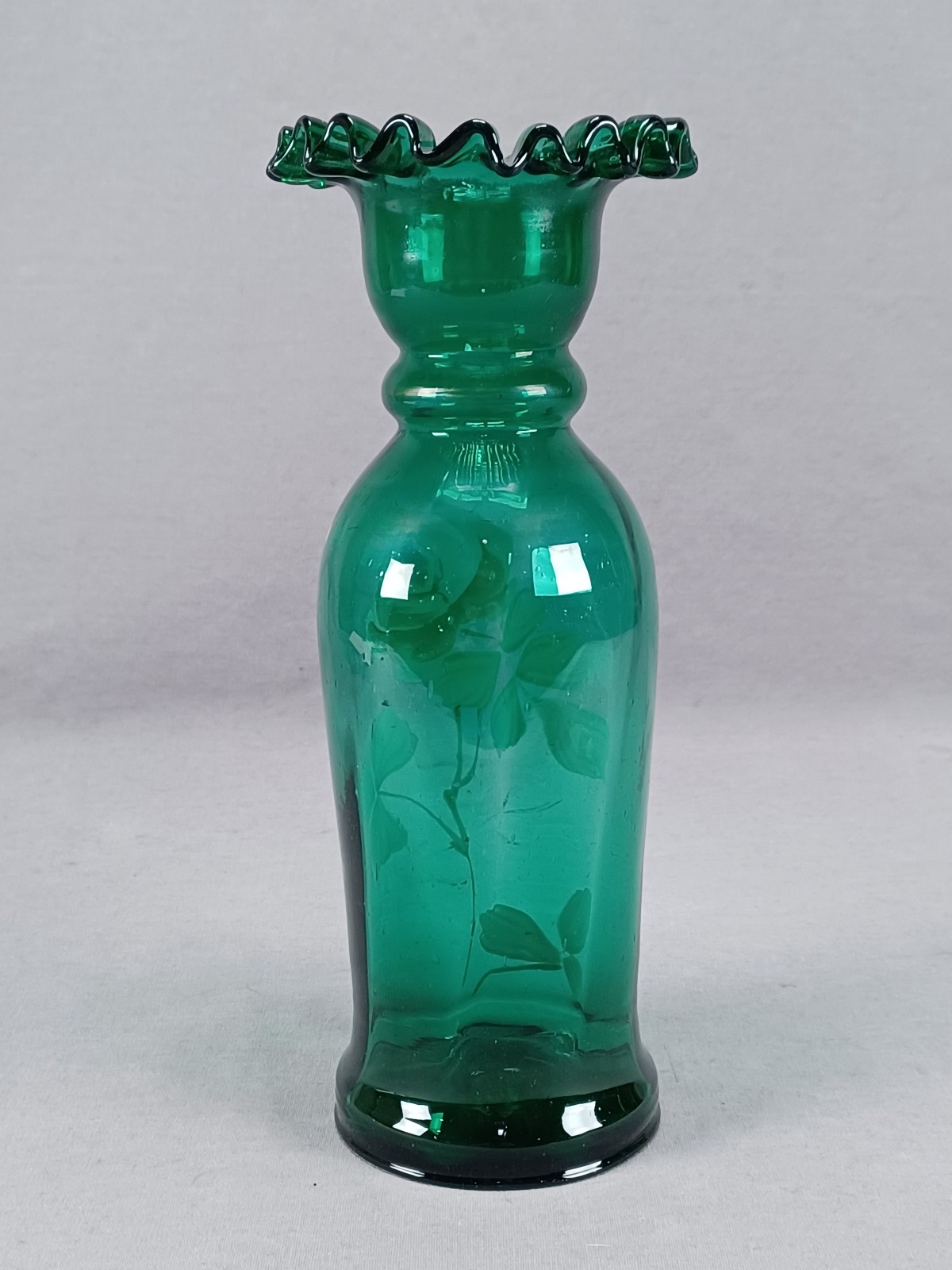 Antique Bohemian Enameled Orange & White Rose Green Glass 8 1/4 Inch Vase