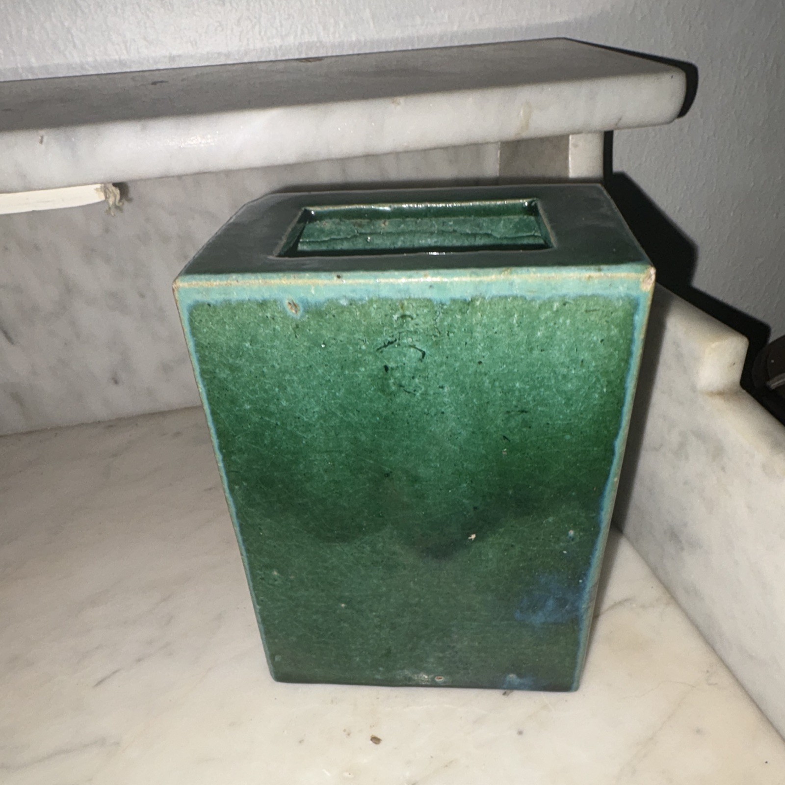 Green Blue Glazed Ceramic Rectangular Vase Printed Backstamp China Glossy