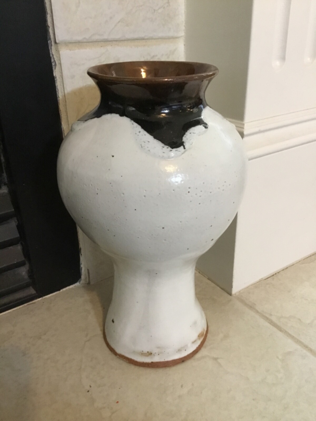 Rustic Pottery Hand Thrown Stoneware Boho Decor Vtg White Brown Vase 10 inches