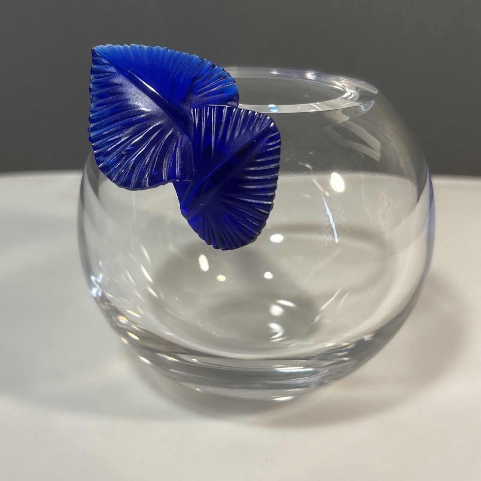 Astral Clear Crystal Ball Vase Cobalt Blue Leaves 4.5” Tall Heavy Glass