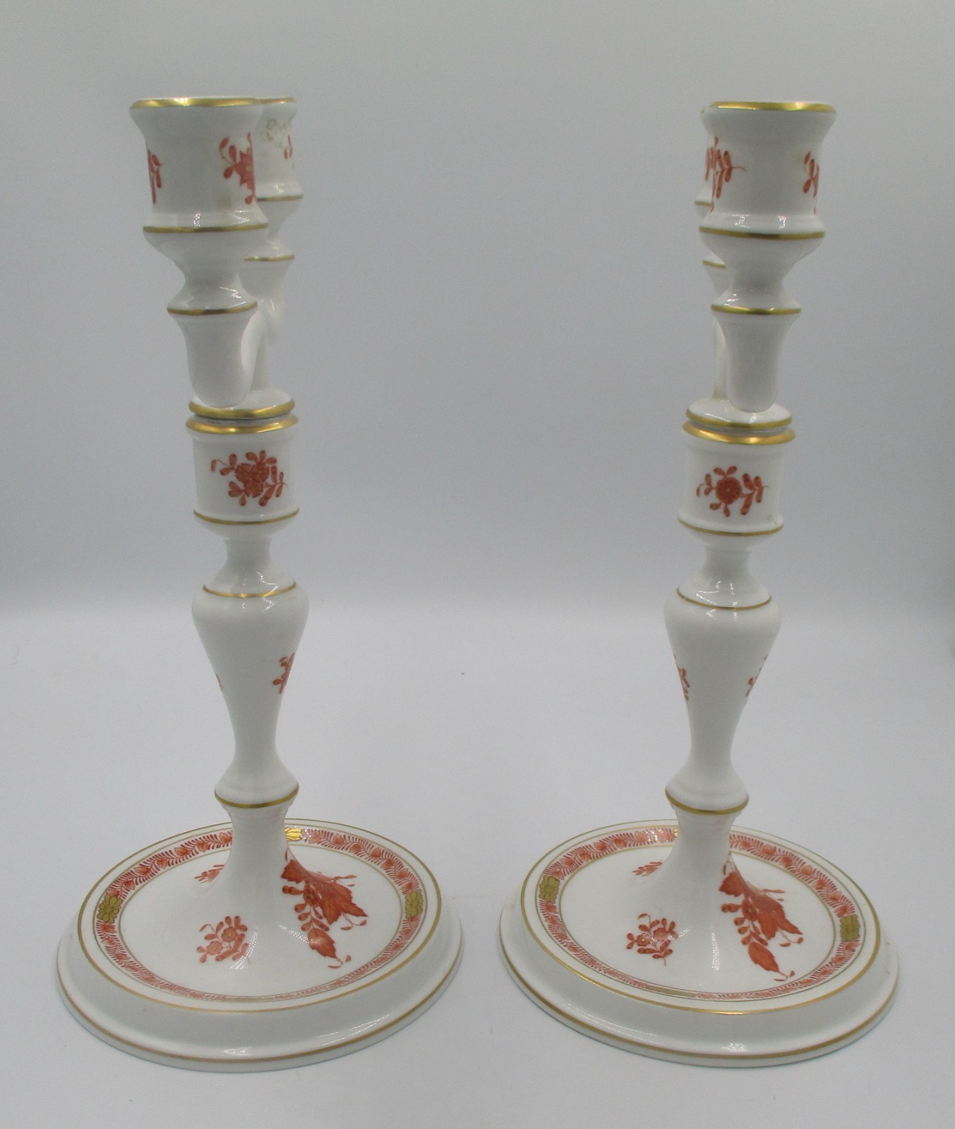 Pair Herend Chinese Bouquet Rust Candlesticks with Two Different Arm Styles