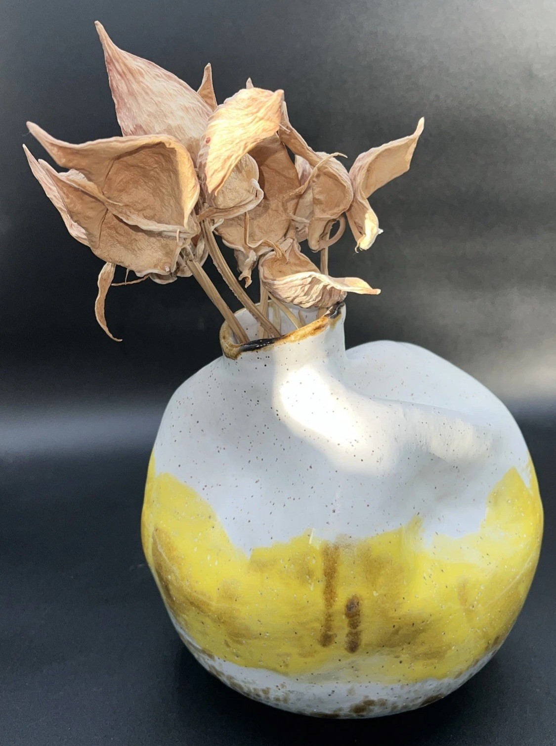 Handcrafted Studio Pottery Vase Modern Organic Pinched Form Yellow Glaze Signed