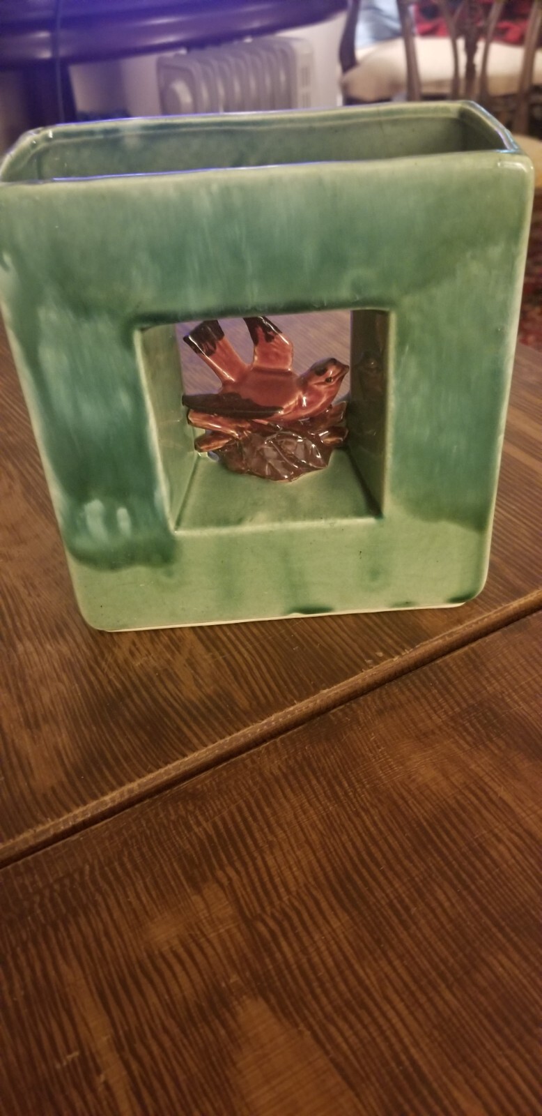 1950’s McCoy Arcature double shadow box square vase green w/ red bird, RARE!