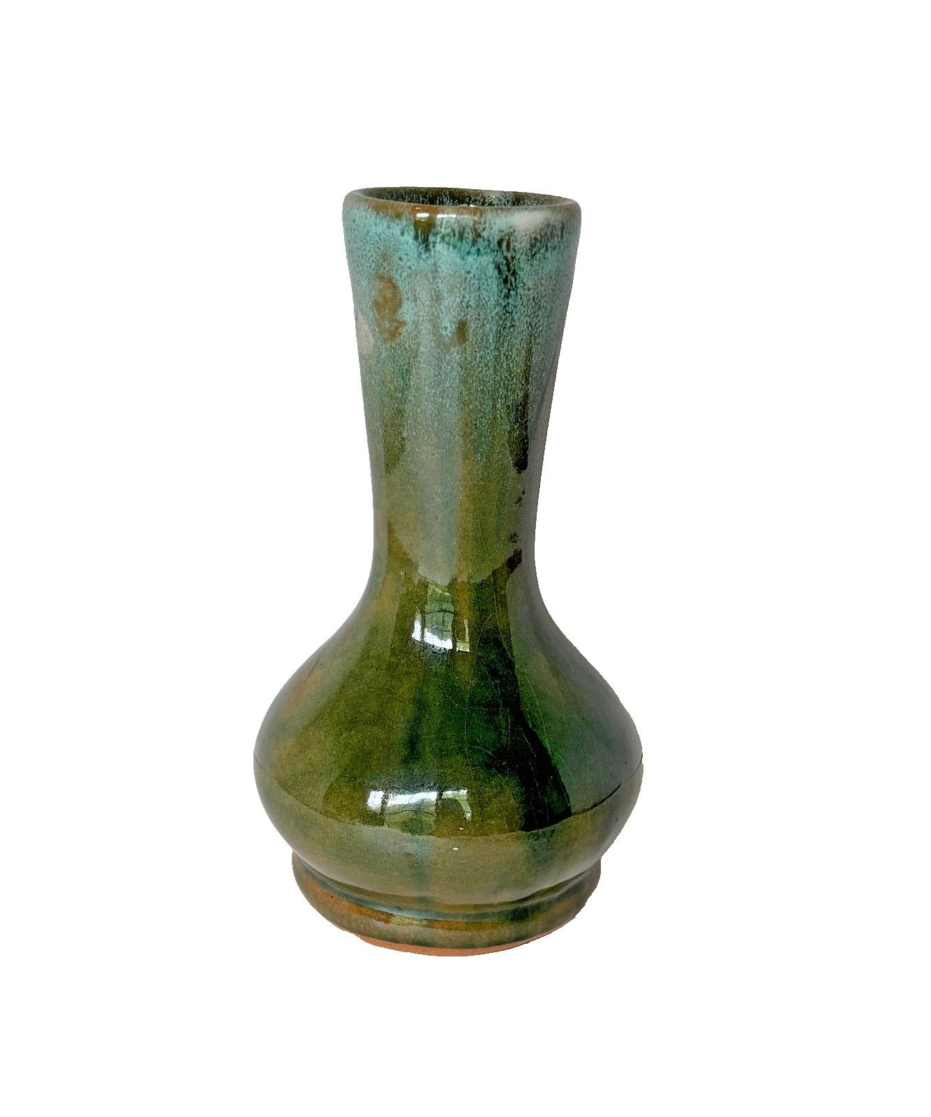 VTG Handmade Signed Redware Vase 7″H Green Blue Drip Glaze 1970’s Art Pottery
