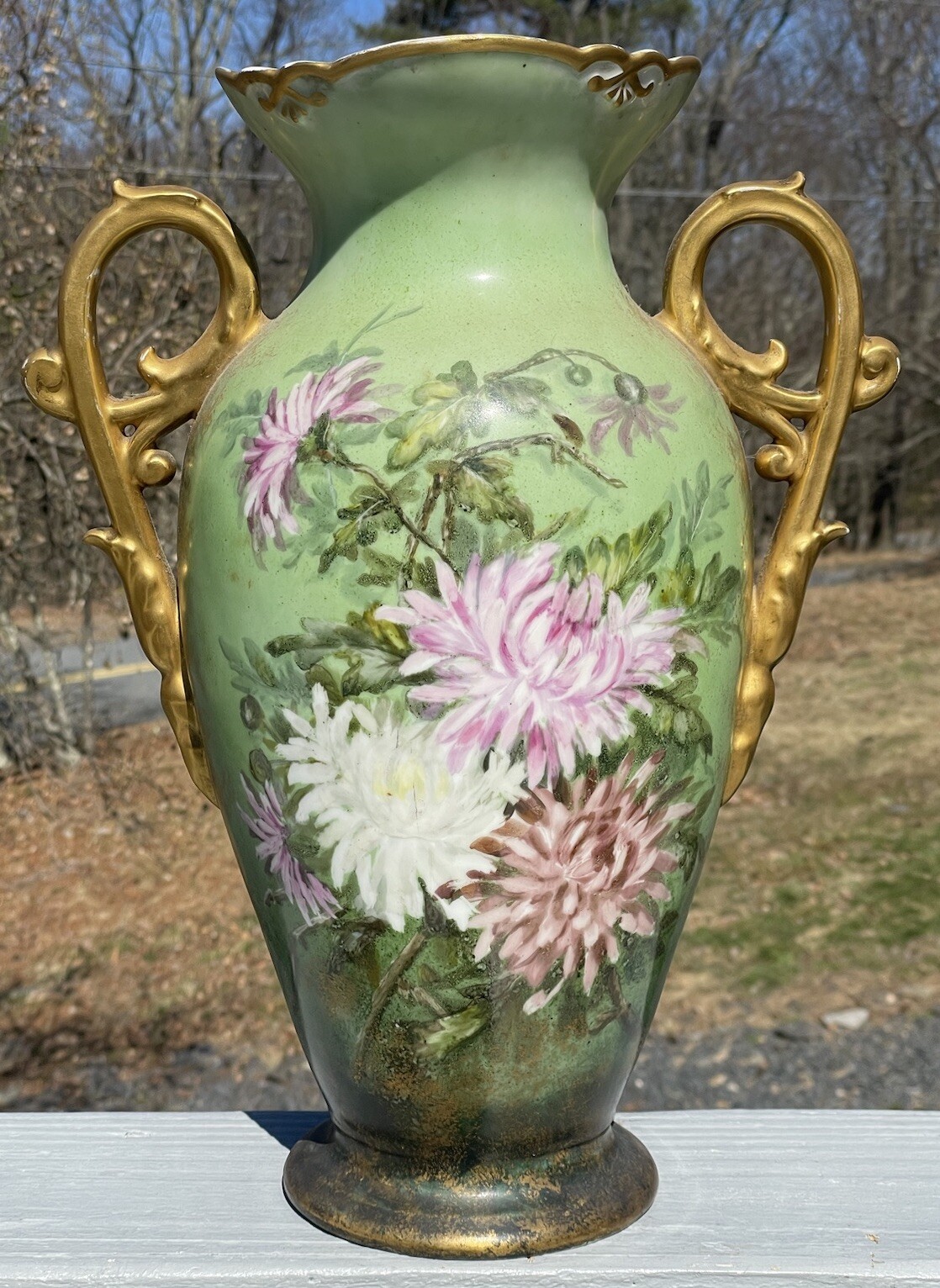 LARGE 15.5″ Antique Continental Porcelain Hand Painted Gilt Handled Vase