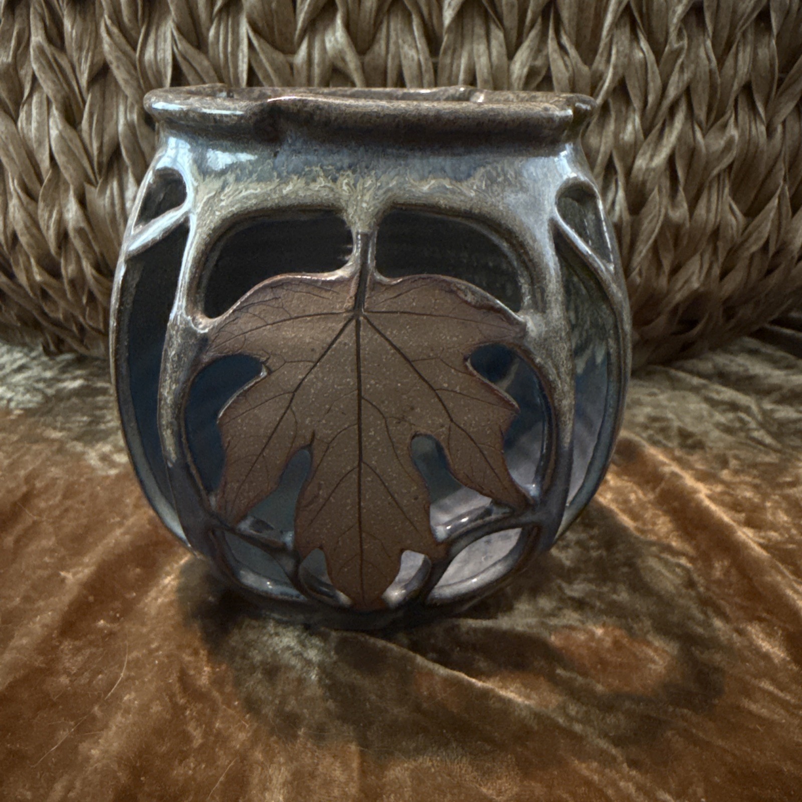 Robert Alewine Pottery Stoneware Cut Out Maple Leaf Luminary Candle Holder 5”