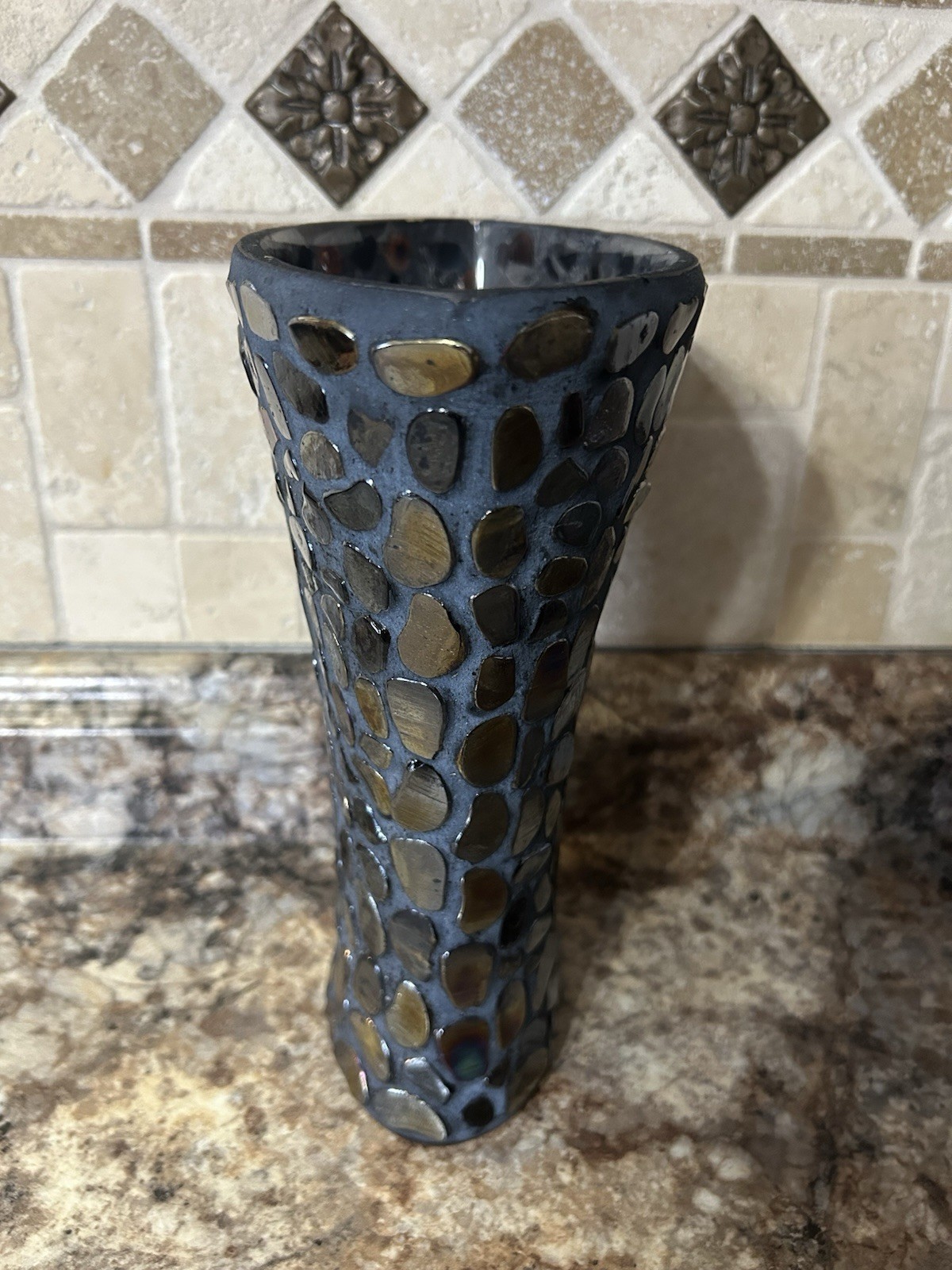 Black & Gray Mosaic Oval Vase w/Shiny Iridescent Glass On Clear Glass 10” High