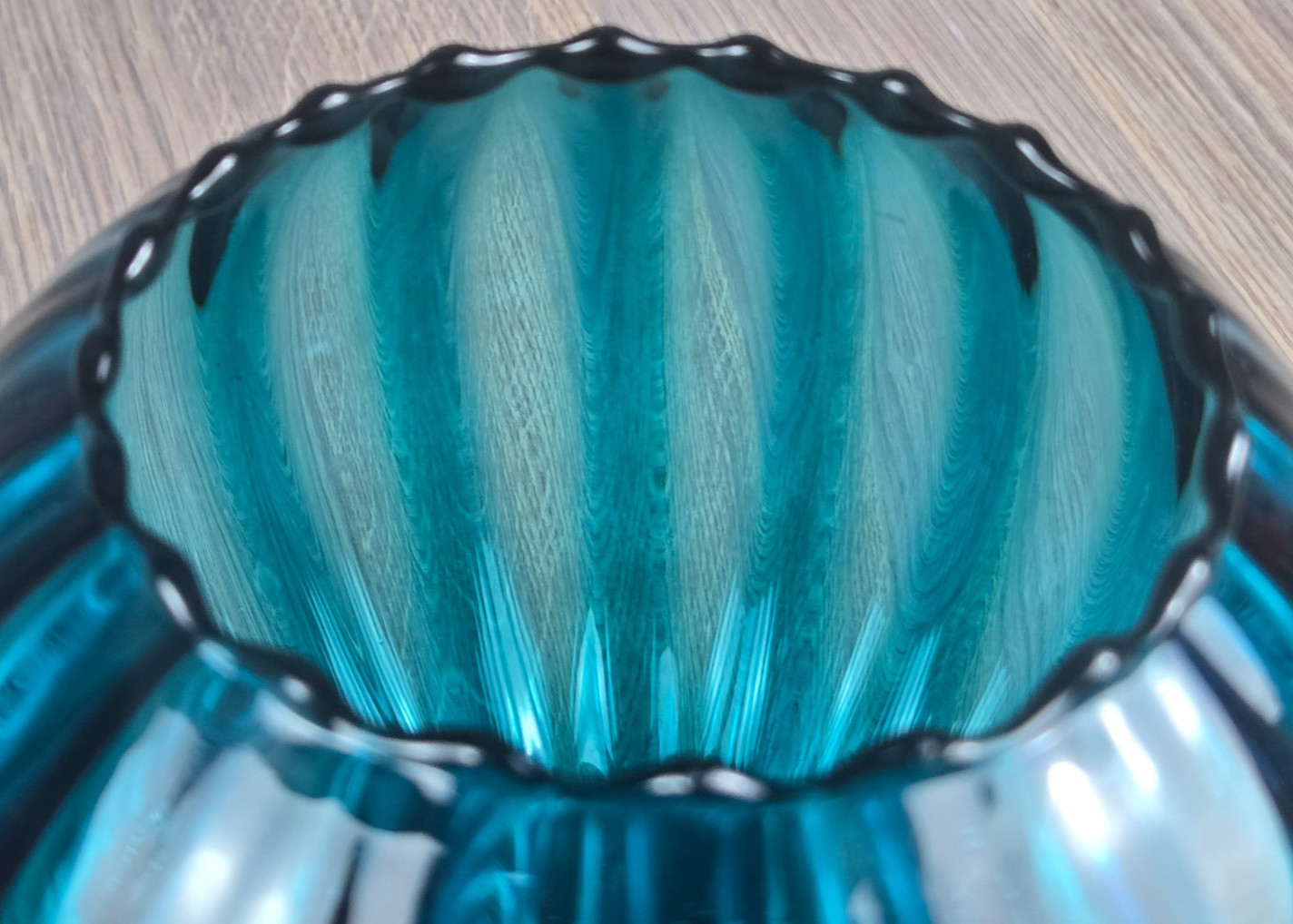 Empoli teal blue optic glass 6″ rose bowl/vase, Italian mid century Nice!