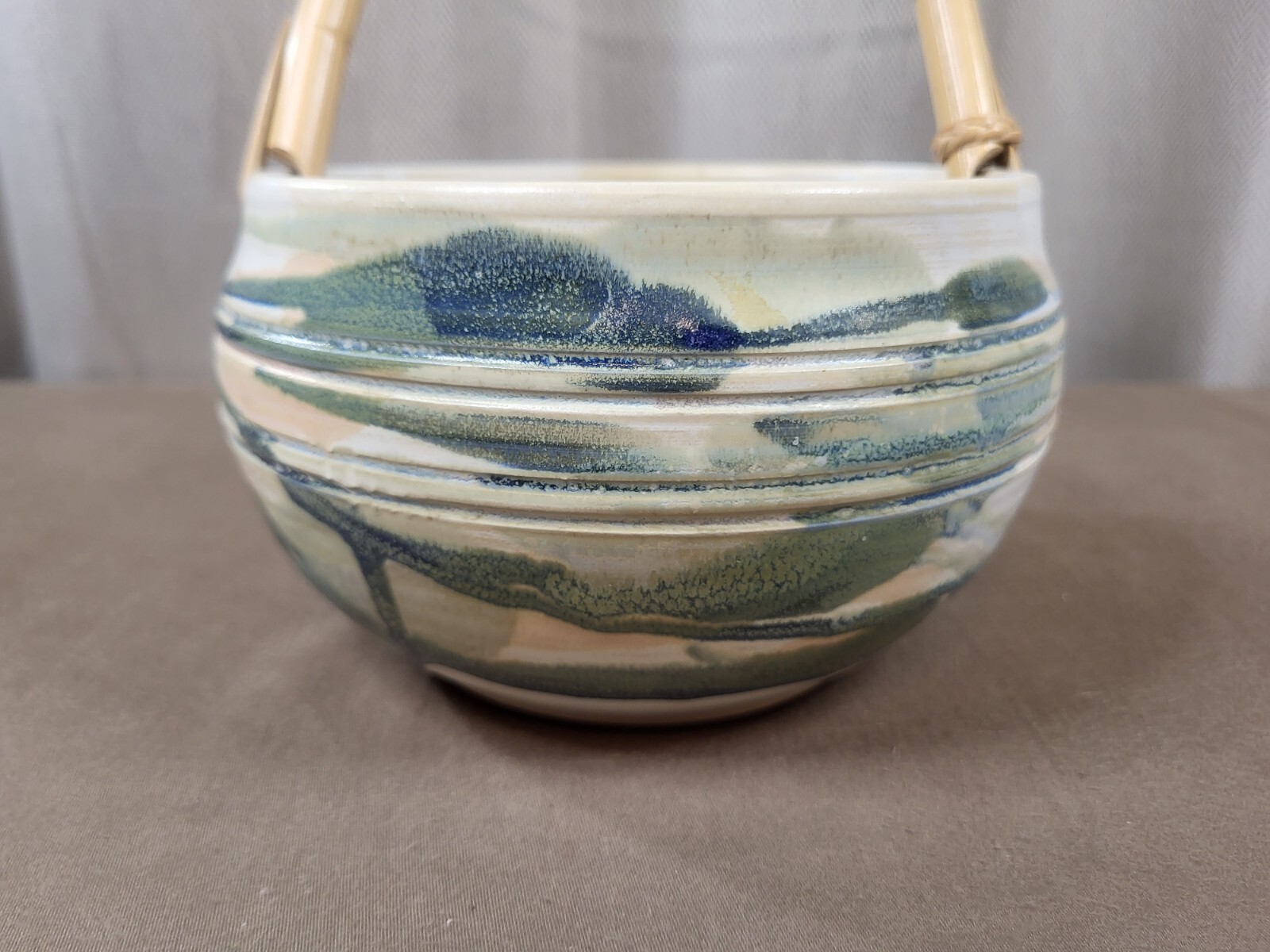 Studio Art Pottery Basket Bowl With Rattan Handle Artist Signed