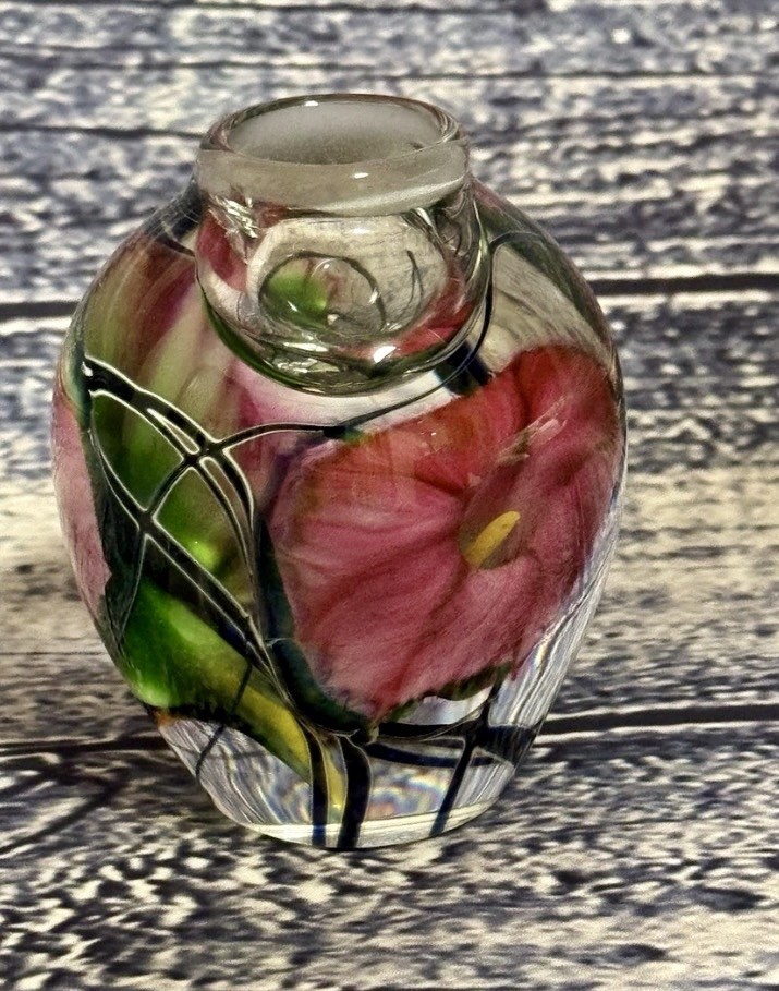 Stunning Signed Art Glass Perfume Bottle Hand Painted Floral Hand Blown