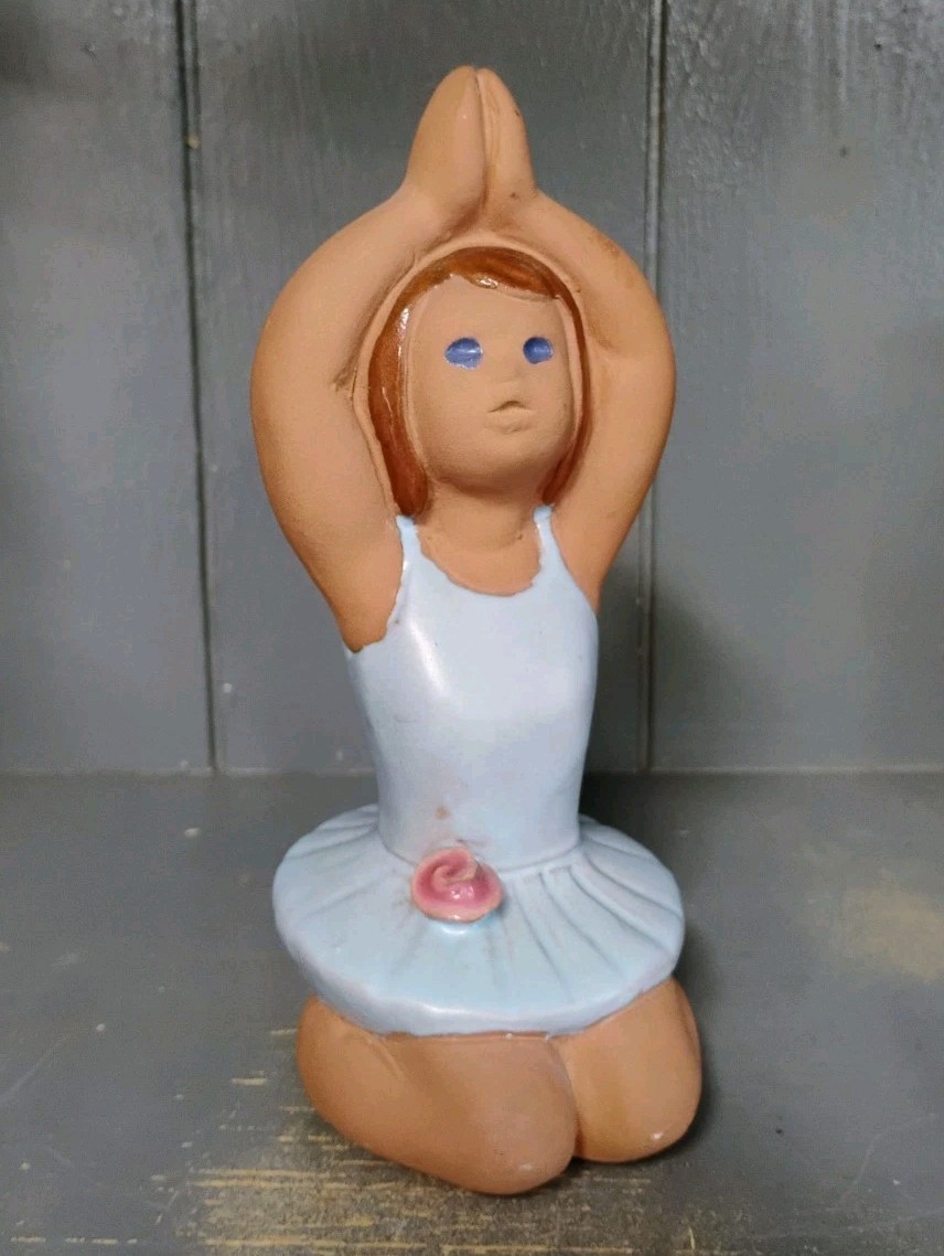 Jie Pottery Sweden Handcrafted Ballerina Brown Hair Blue Dress Rose Figurine