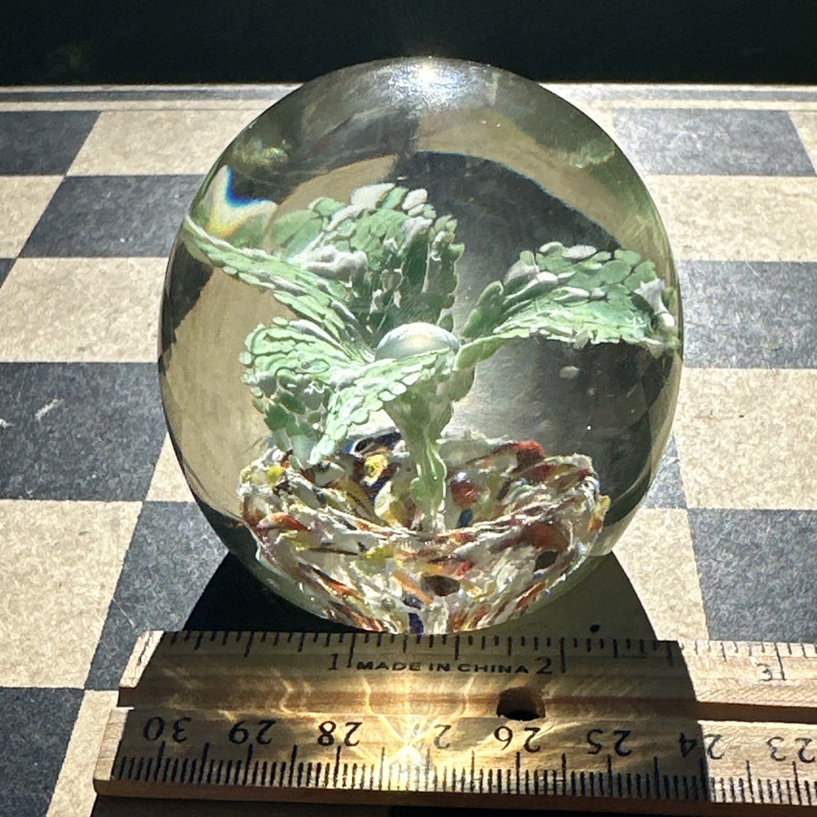 Vintage Large Round Green Flower & Multi Colored Millefiori Bottom Paperweight