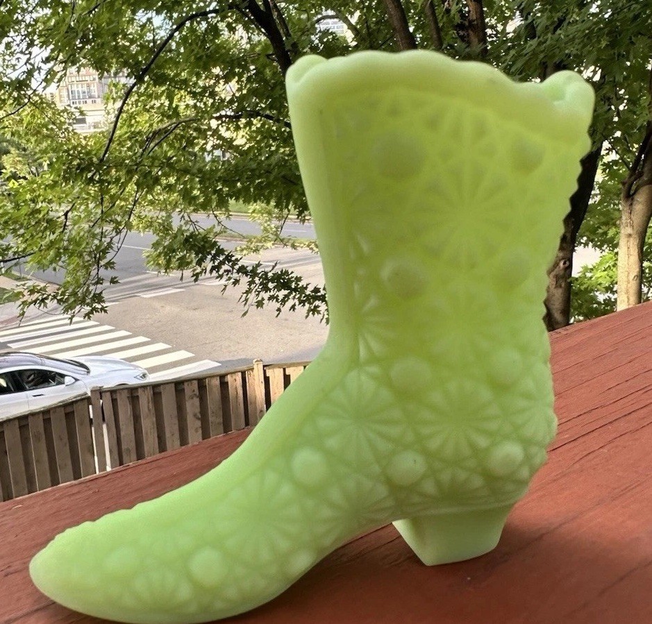 Vintage Fenton Custard Uranium Glass Daisy & Button Boot Home Decor UV Glow