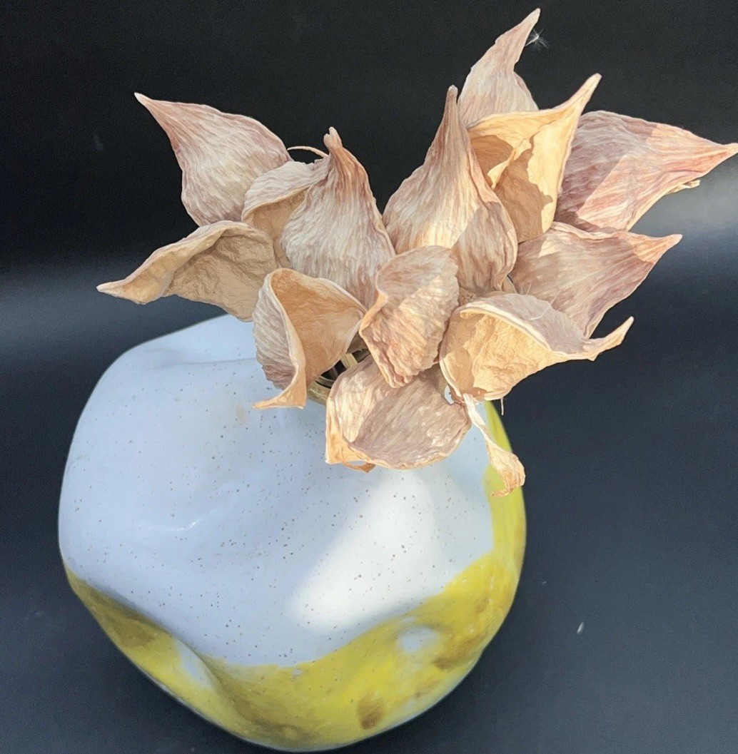 Handcrafted Studio Pottery Vase Modern Organic Pinched Form Yellow Glaze Signed