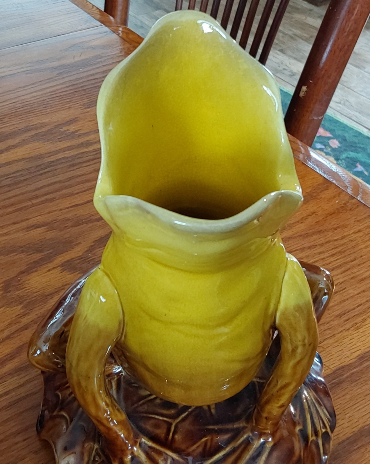 Unique Yellow Croaking Frog on Brown Lilly Pad Vintage Pottery Vase